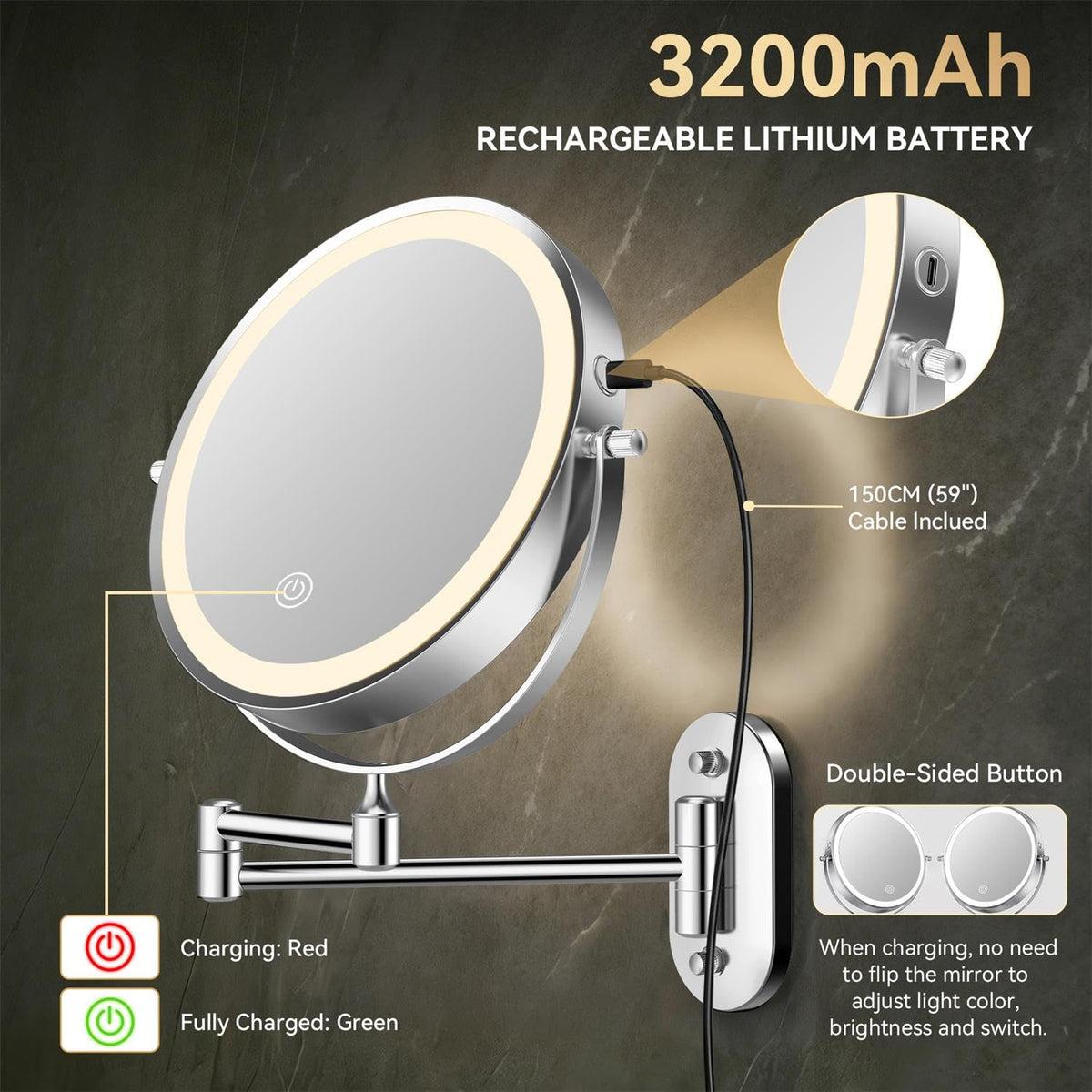 Auxmir 1X 20X Wall Mounted Makeup Mirror 8 Rechargeable - Auxmir Official Imagery - 5