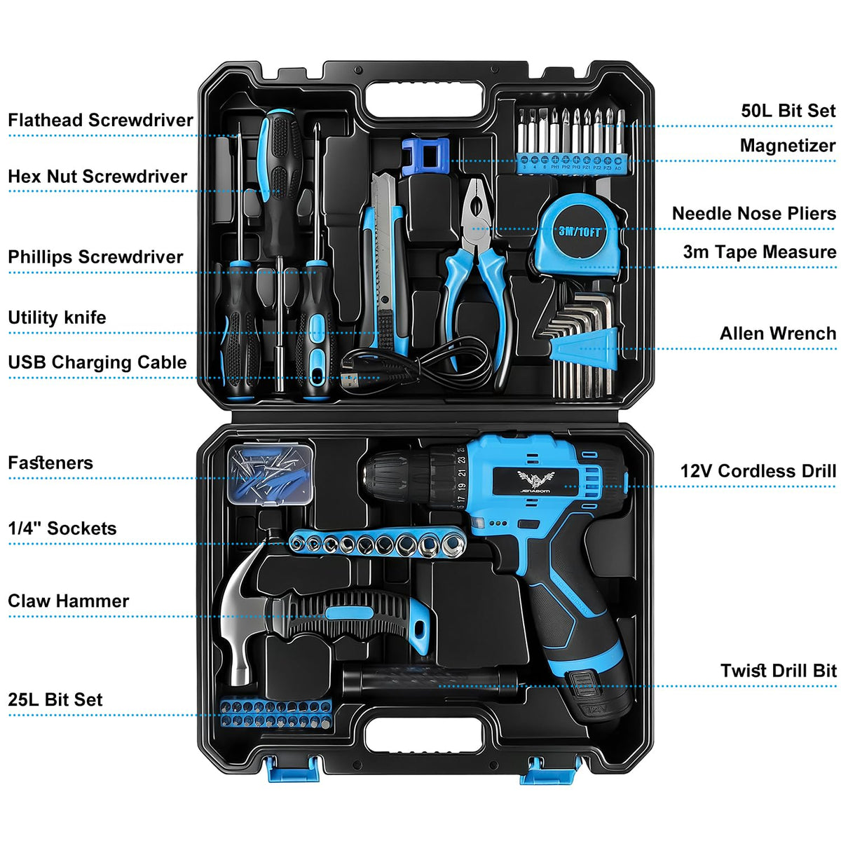 Tool Set 146 Piece Home Tool Kit with 12V Blue Cordless - JENABOM Official Imagery - 3