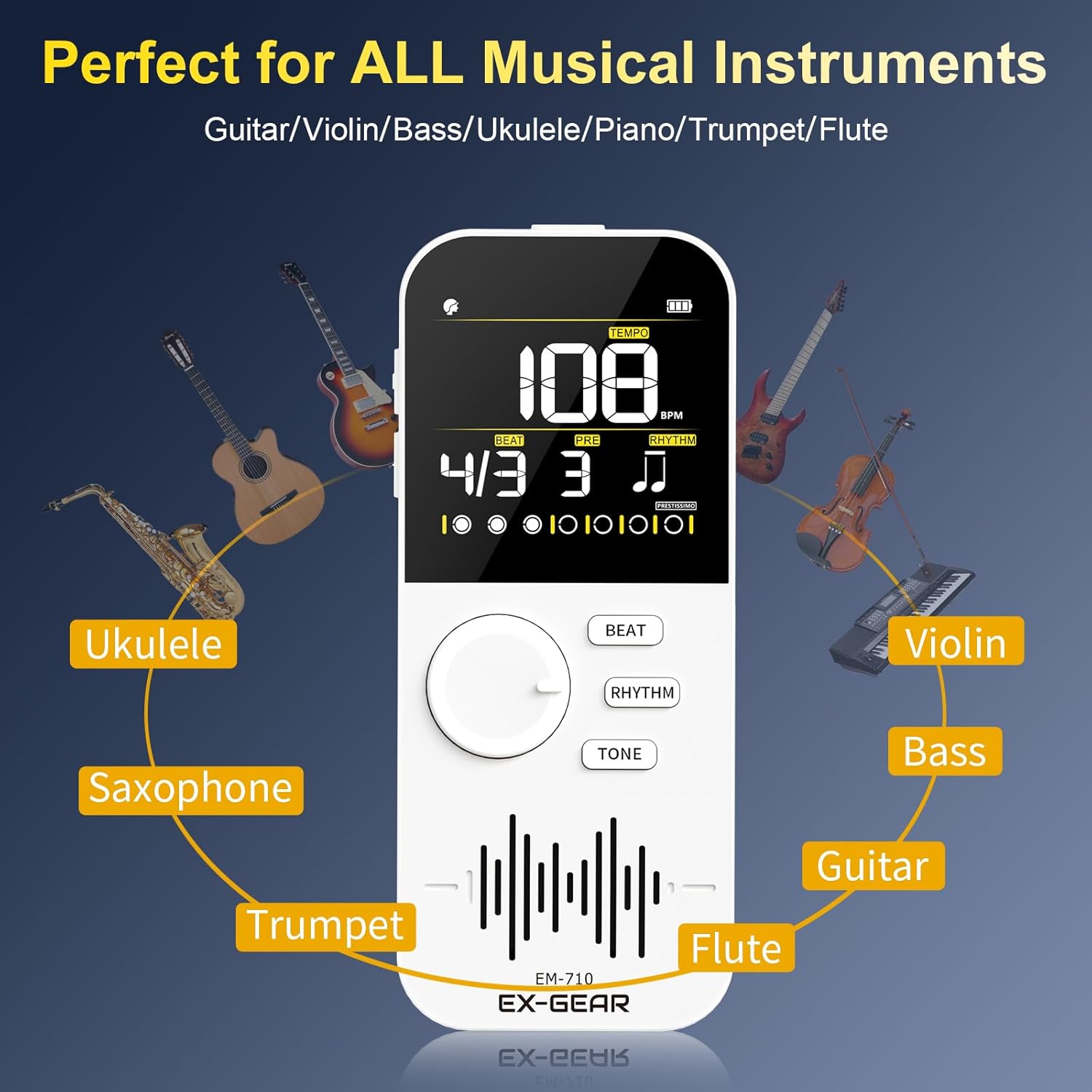 EX GEAR digital metronome with rechargeable battery, color LCD screen, compact electronic device for musical timing.