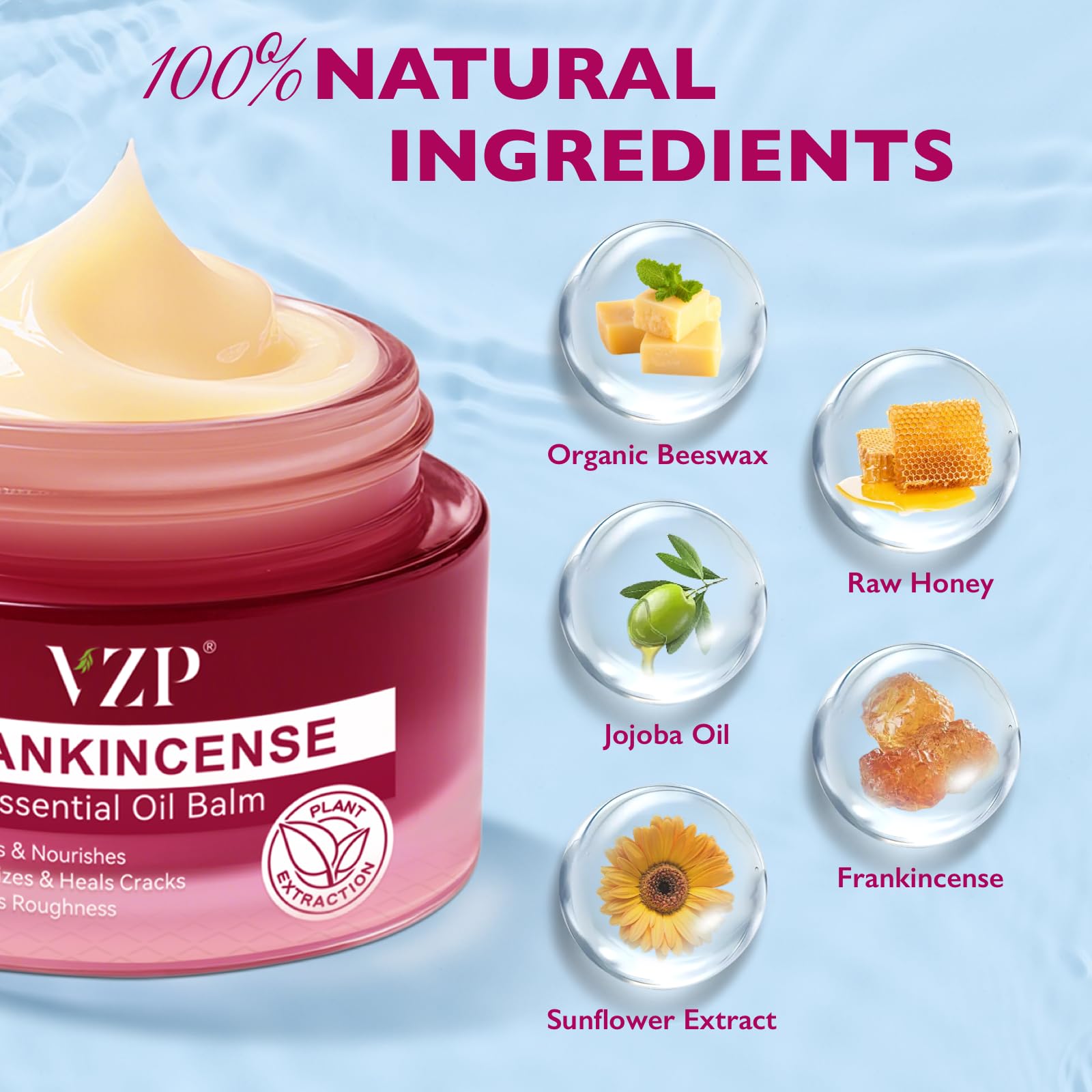 VZP Frankincense and Myrrh Body Balm, deep moisture skin moisturizer in 2.1 oz jar with natural aromatic ingredients.