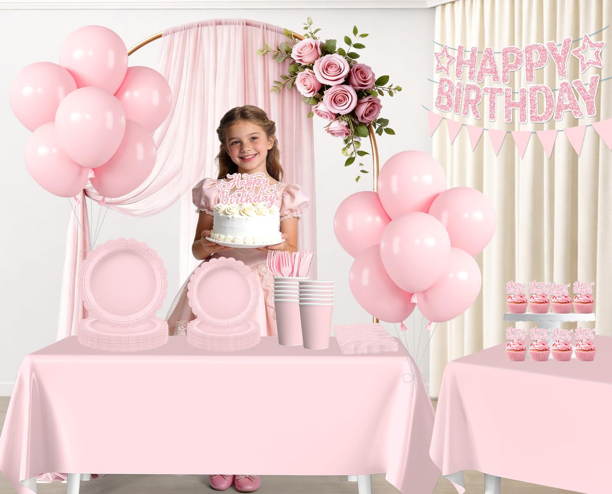 196Pcs Pink Birthday Party Decorations Tableware Set Serves - Yingoto Official Imagery - 3