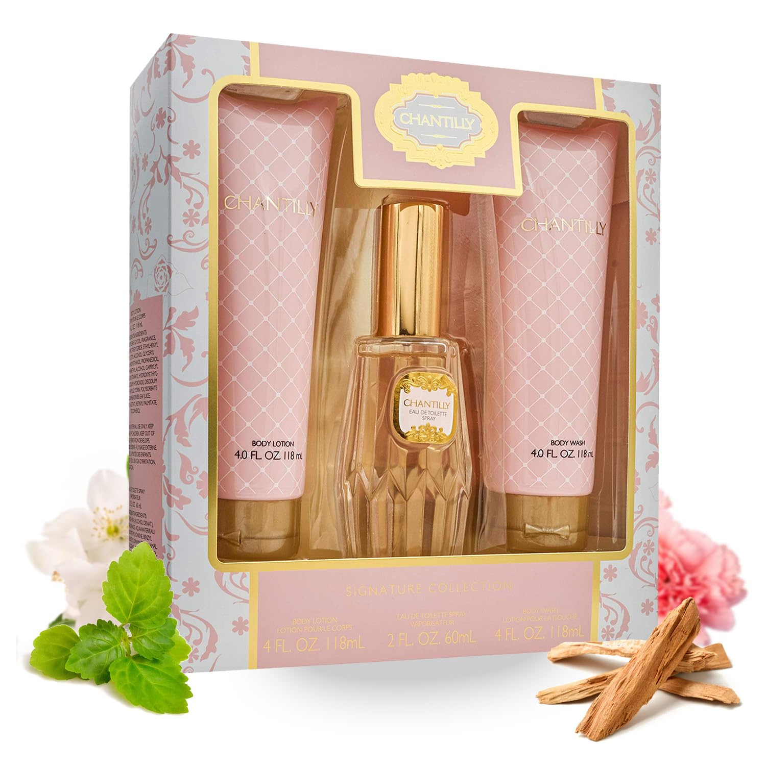 Dana Chantilly Eau De Toilette spray for women, 2 fl oz bottle with elegant floral design and clear glass packaging.