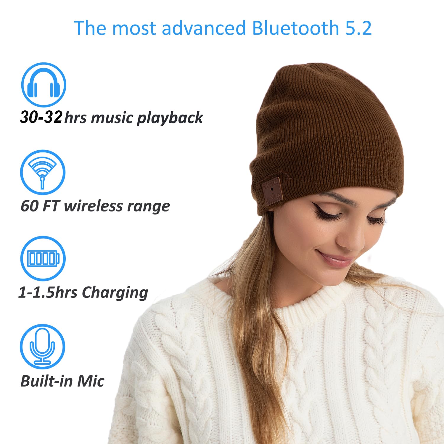 beanie Bluetooth, MUSICBEE Bluetooth V5.2 Wireless Knit Winter Cap, 30 Hour Play - beanie Official Product View 2