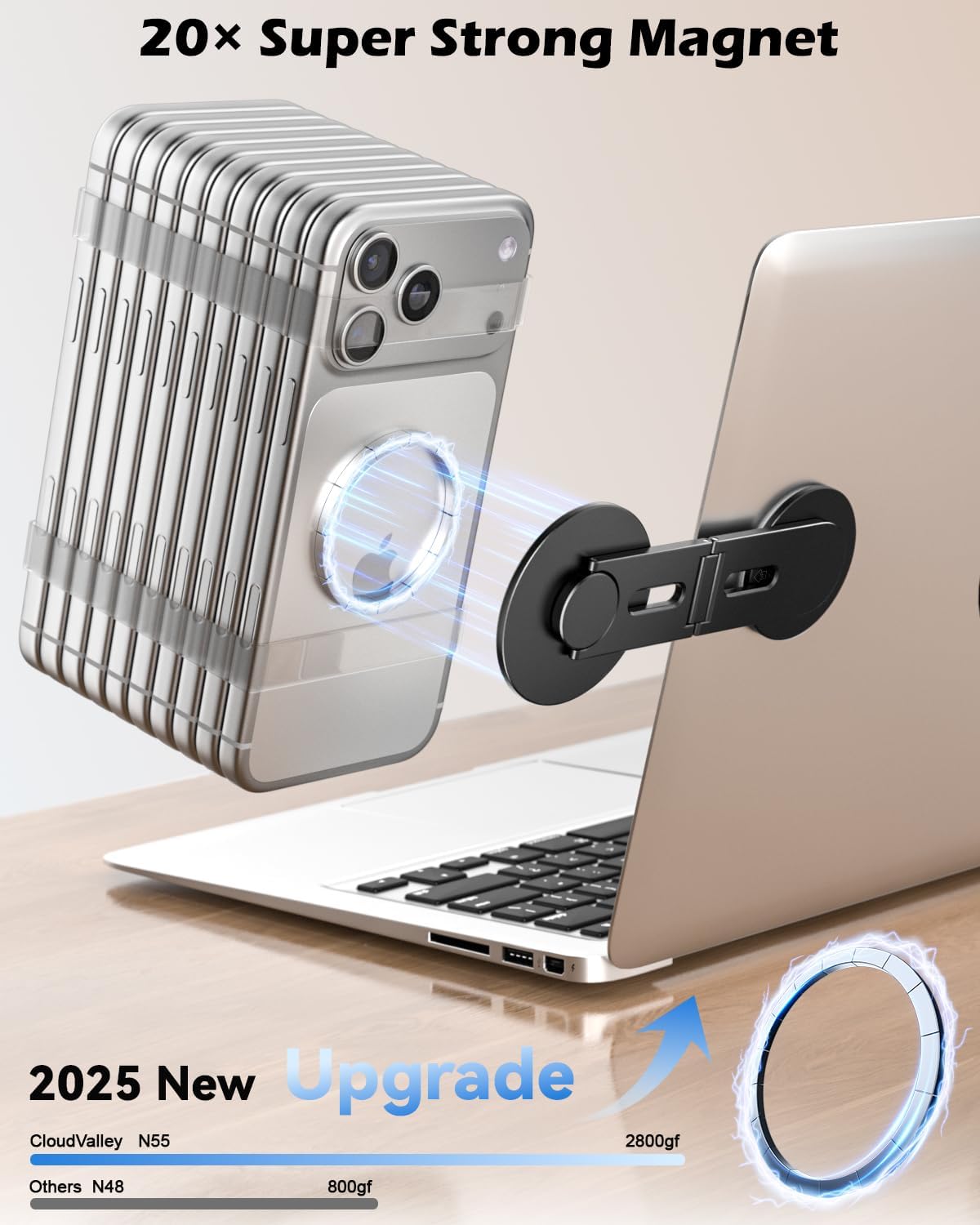 CloudValley magnetic phone and laptop holder mount in black, foldable and portable for iPhone, monitor sides, and Tesla Model 3/Y.