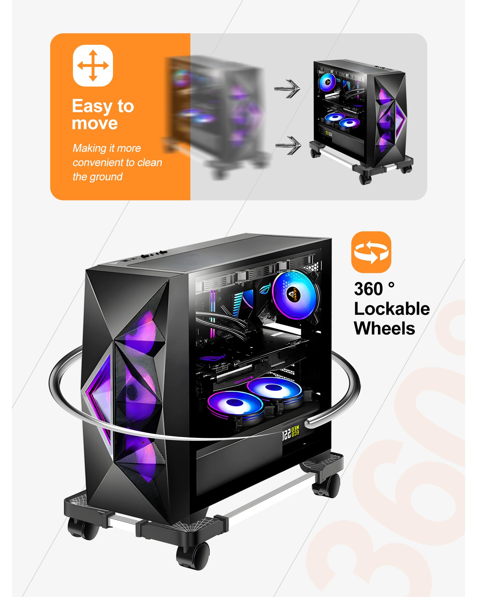 YOSE black adjustable computer tower stand with rolling caster wheels for gaming PC cases, suitable for floor carpets.