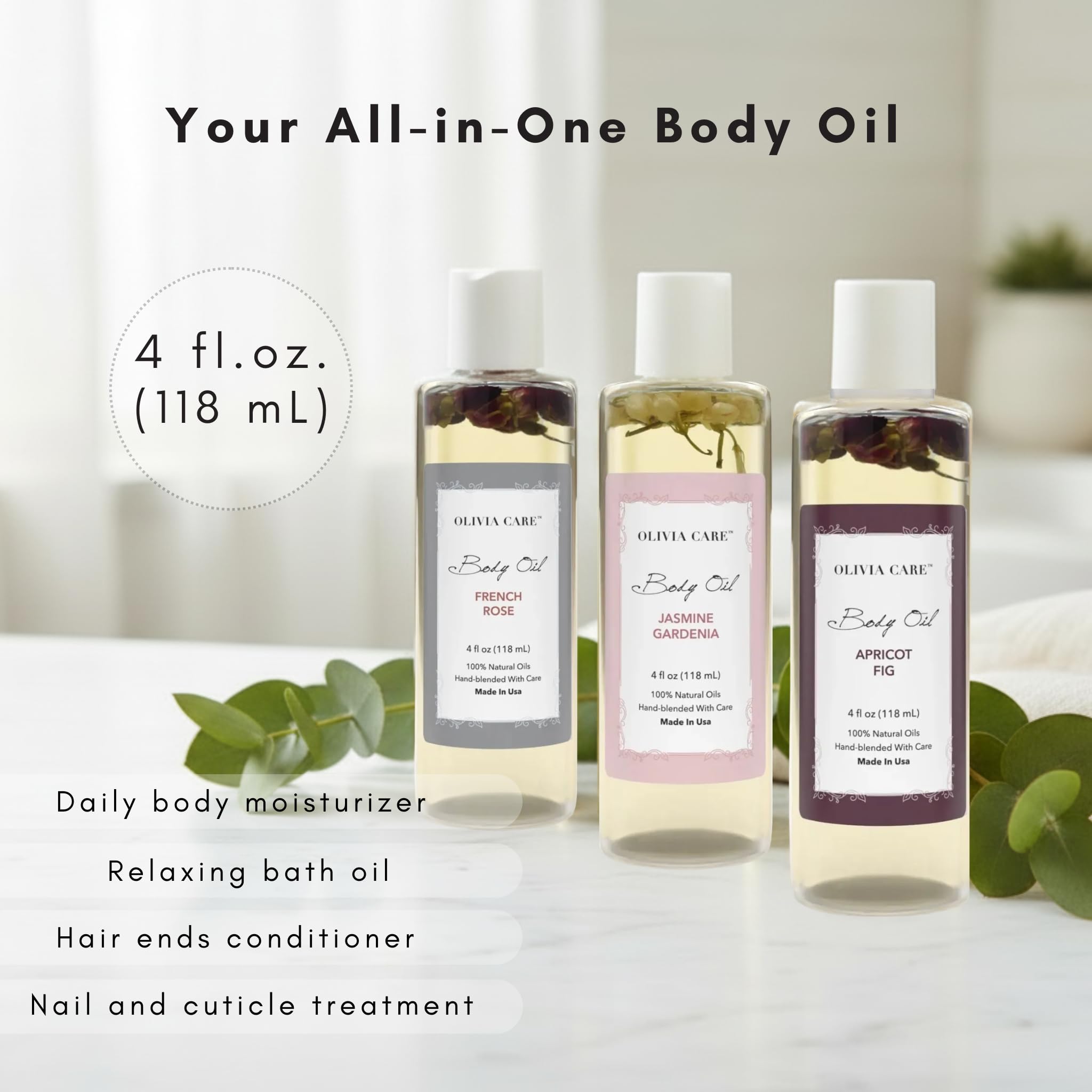 Olivia Care Body Oil Trio - Apricot Fig, French Rose & Jasmine Gardenia (3 pack - 4 fl. oz. each) - Natural Body Oils For Women/After Bath Body Moisturizers, Rich in Vitamin E, K, & Omega fatty Acids - Olivia Care Official Product View 5