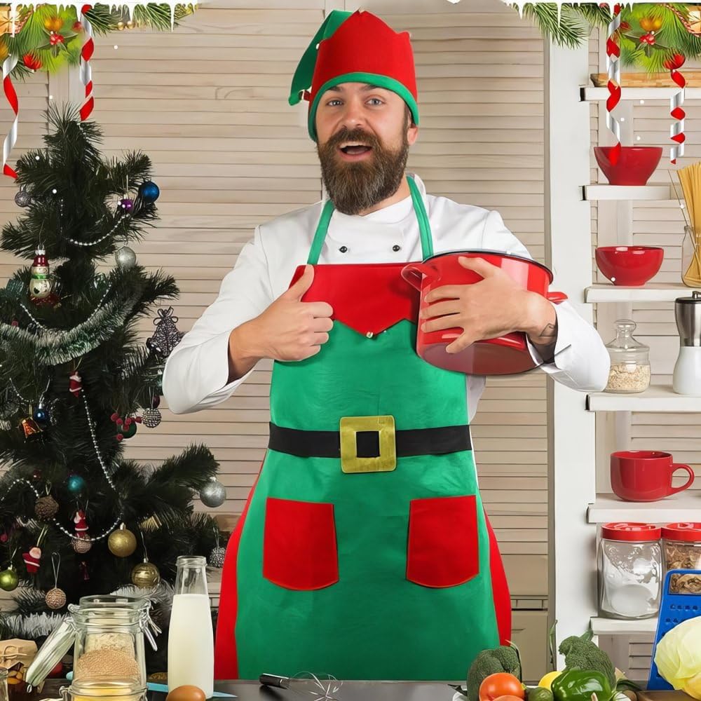 Red and green elf apron for teens and adults by Amscan, made of premium fabric with festive holiday design.