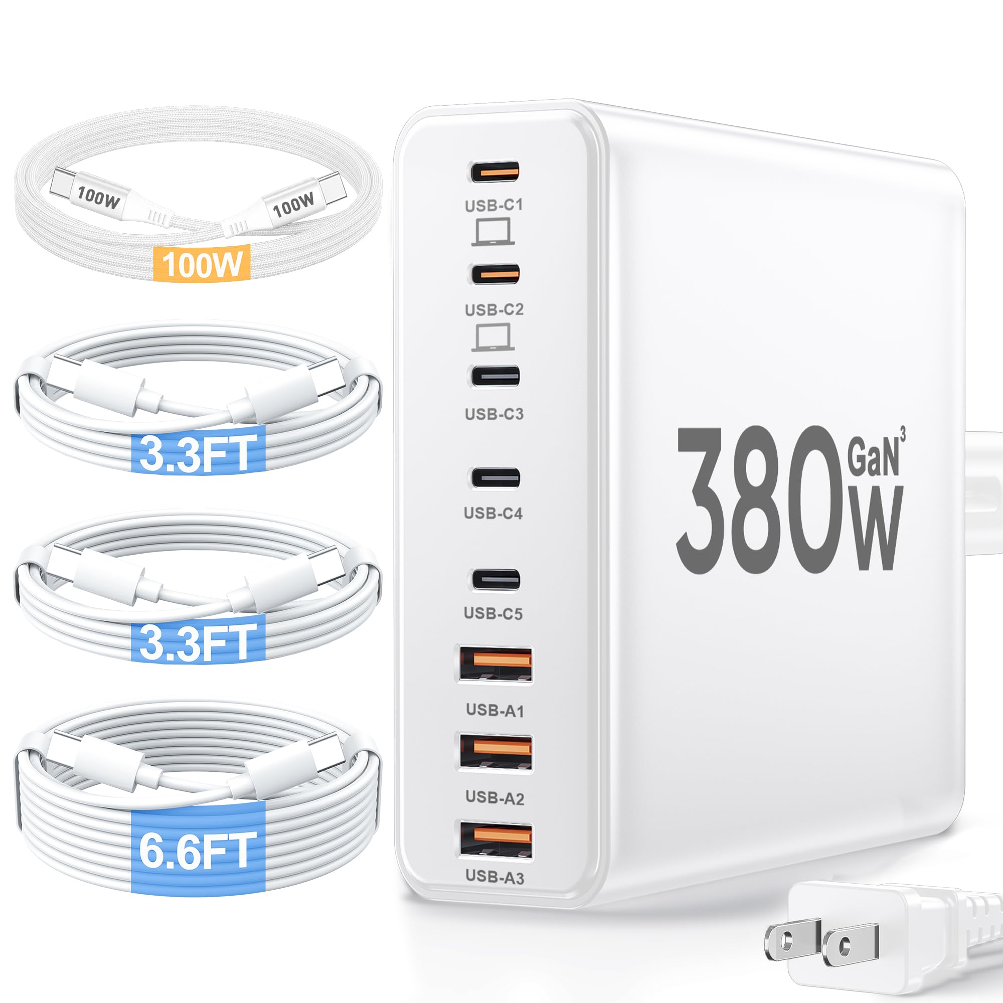 Ediliow 380W USB C Charger Block with 4 USB Cables Dual 100W Char by Ediliow - Angle View 7