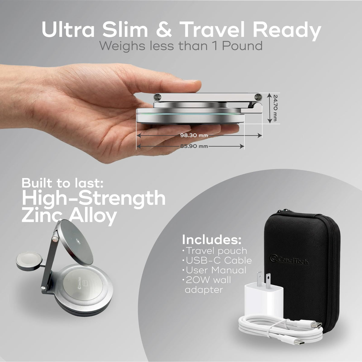 Travel Charger 3 in 1 Aluminum Wireless Charging Station - CenciTech Official Imagery - 3