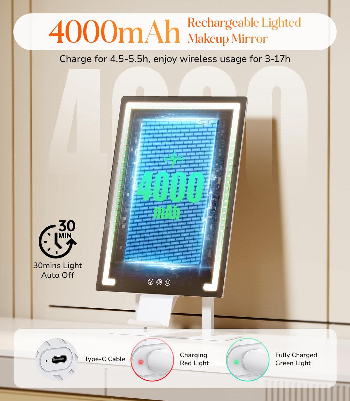 Gospire Hollywood Lighted Makeup Mirror 4000mAh Rechargeable - Gospire Official Imagery - 6