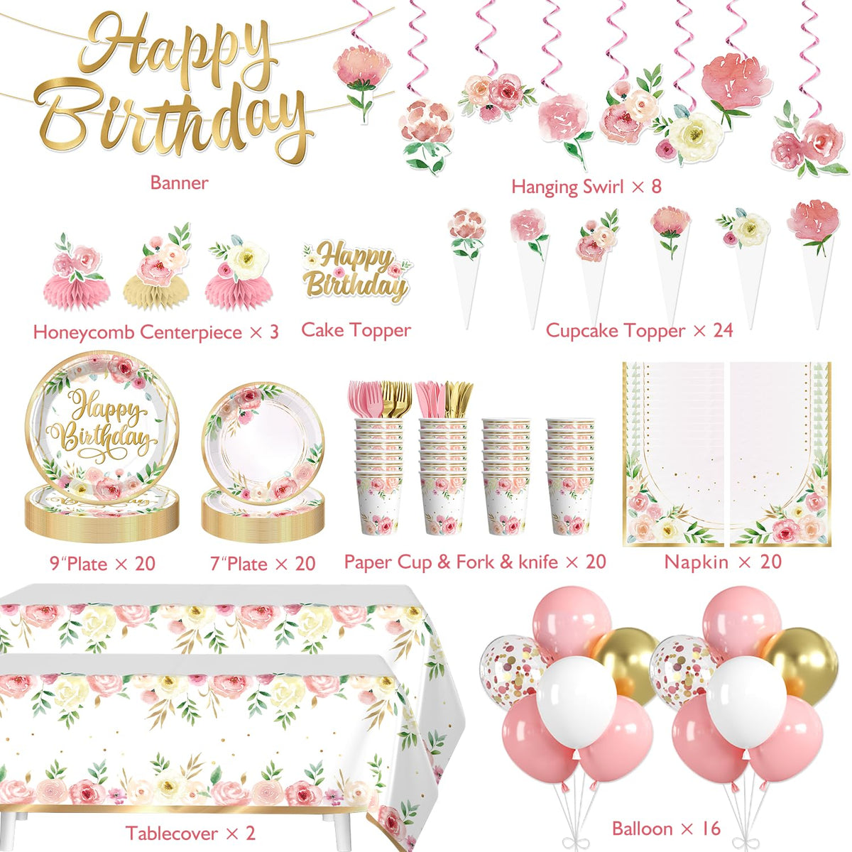 Flower Birthday Decorations Set 12oz Cups Serves 20 Guests - Yingoto Official Imagery - 6