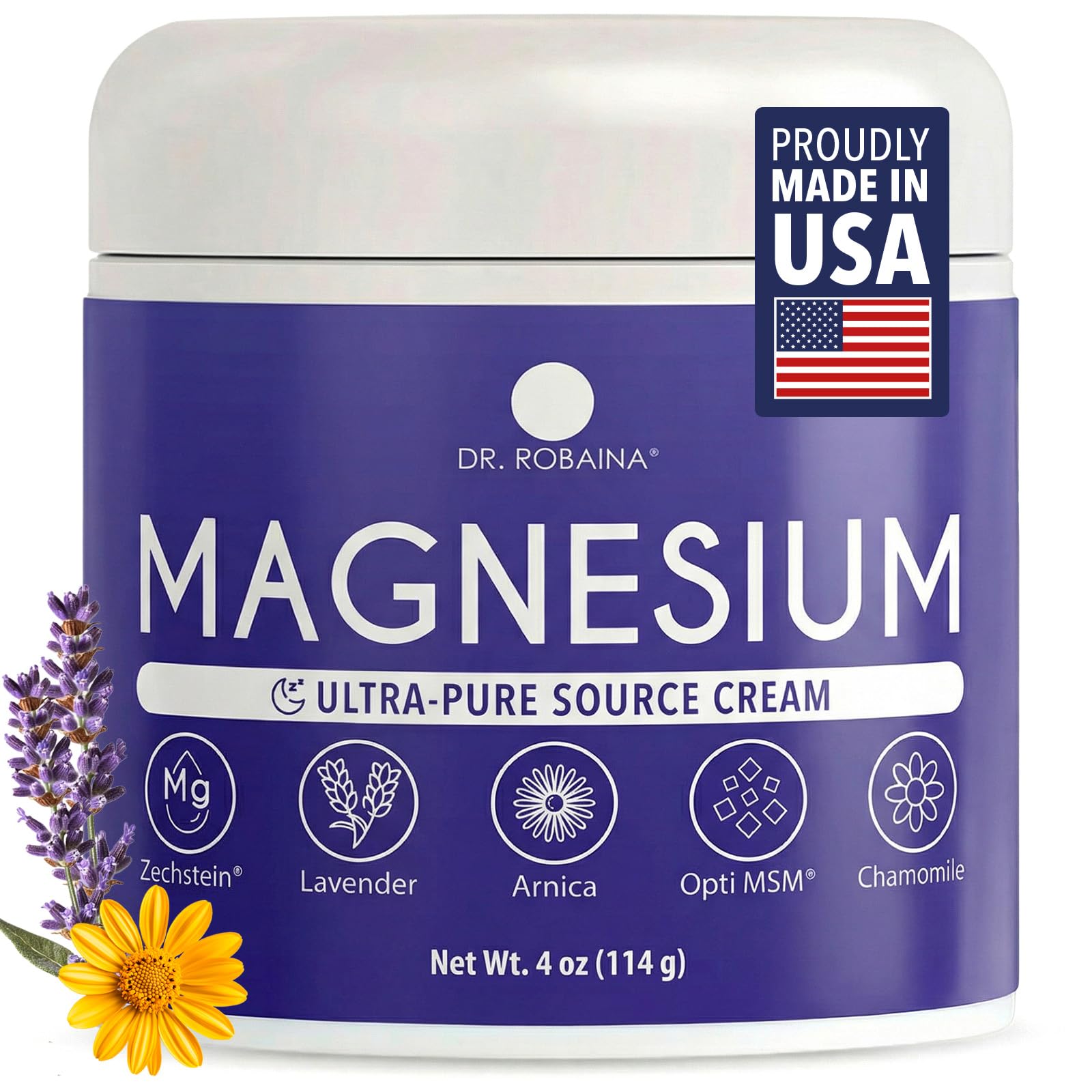 Dr. Robaina Lavender Magnesium Cream jar showing the 4 oz container with lavender oil and mineral supplement ingredients.