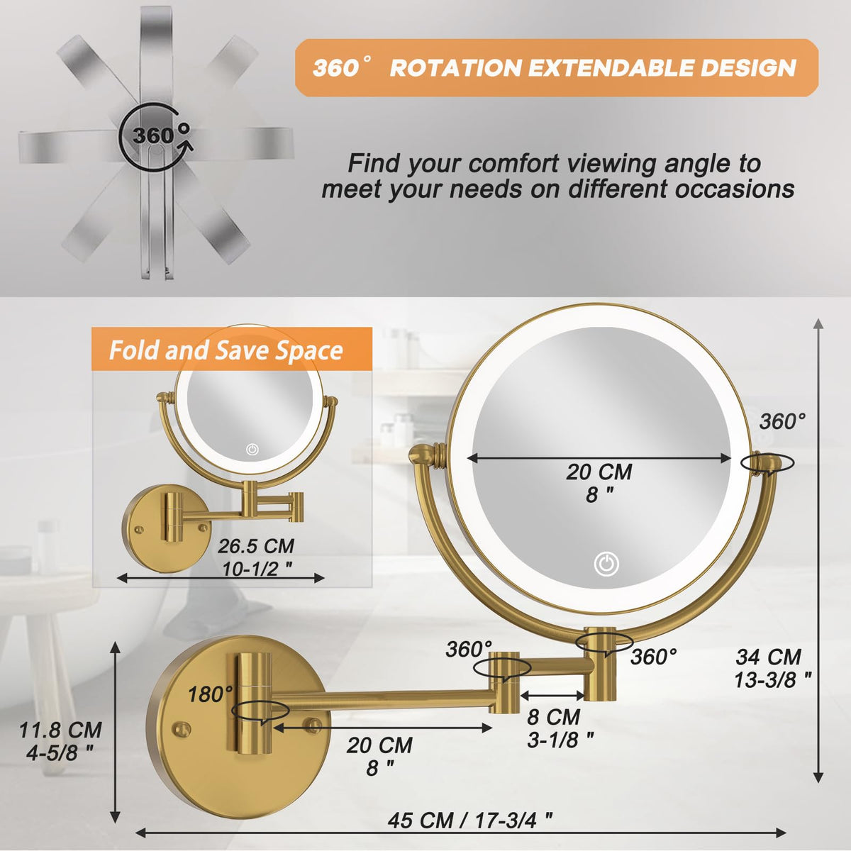 8 Magnifying Makeup Mirror Wall Mounted with Lights Brushed - LEDOOLE Official Imagery - 4