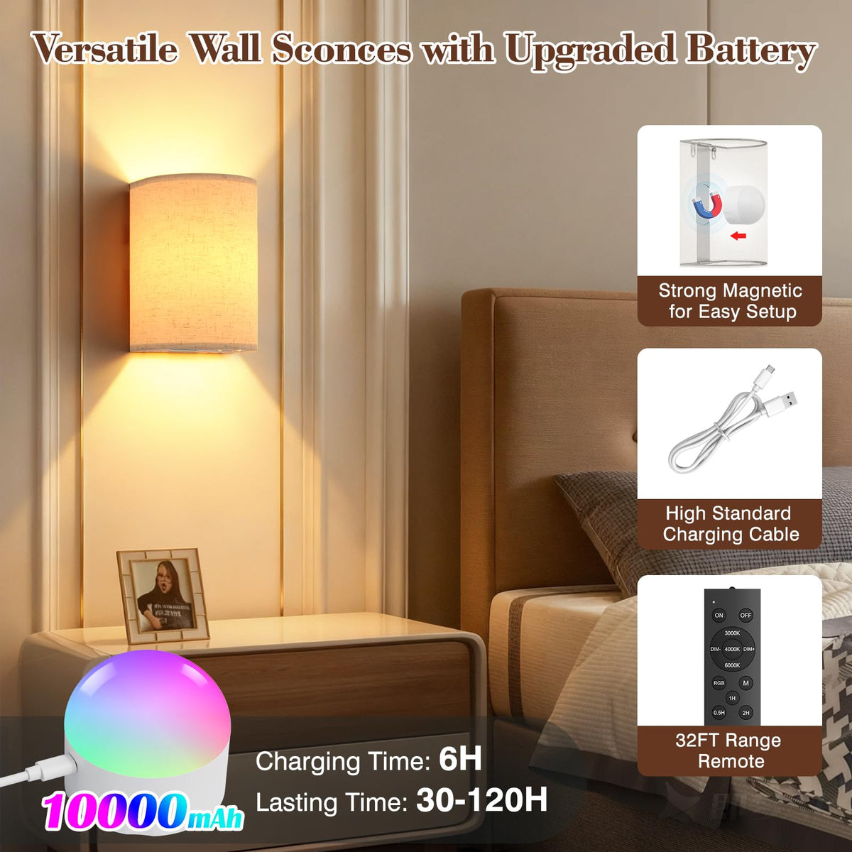 Battery Operated Rechargeable Wall Sconce Set of Two with - Yunaking Official Imagery - 7
