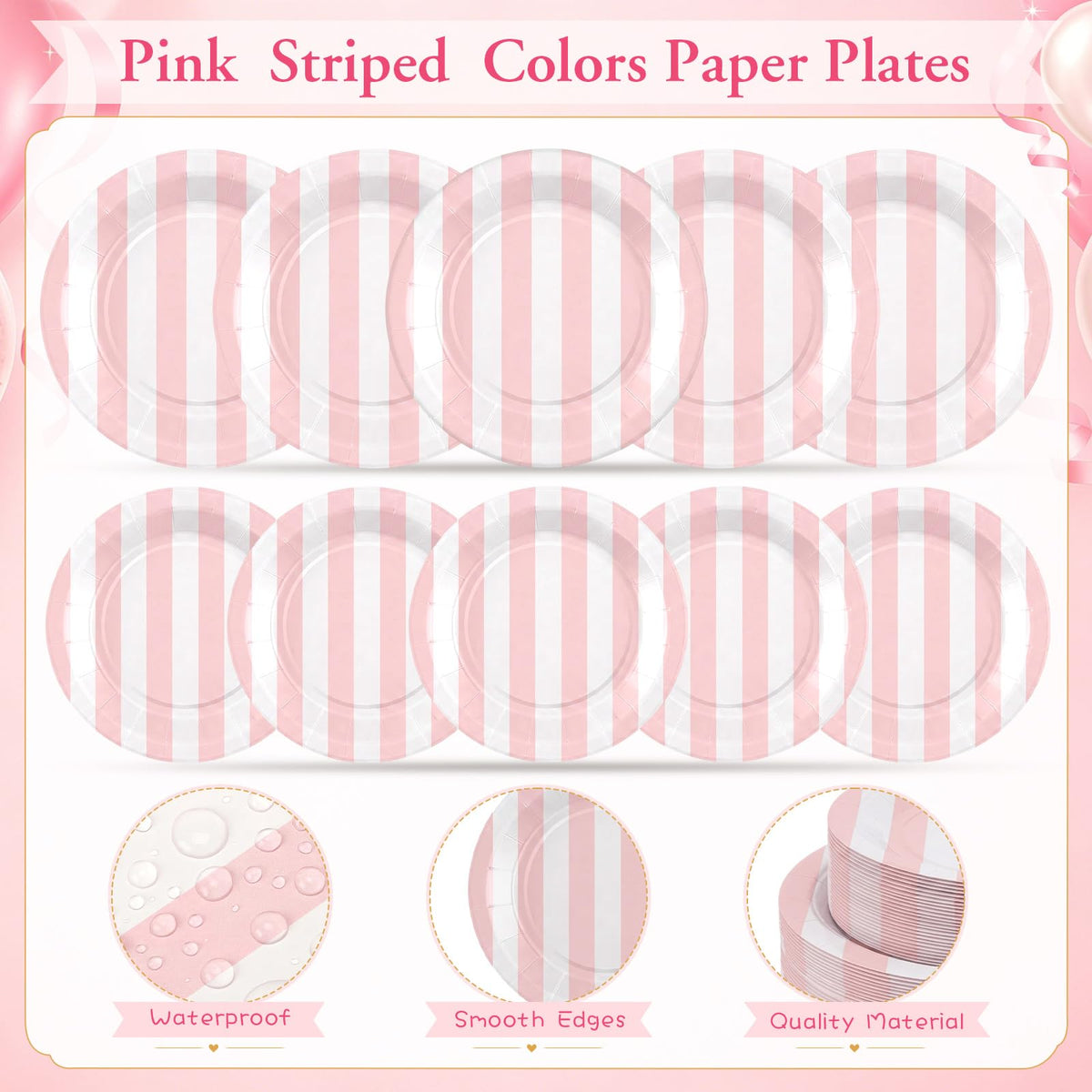Mimorou 175 Pcs Pink White Striped Party Tableware for 25 - Mimorou Official Imagery - 5