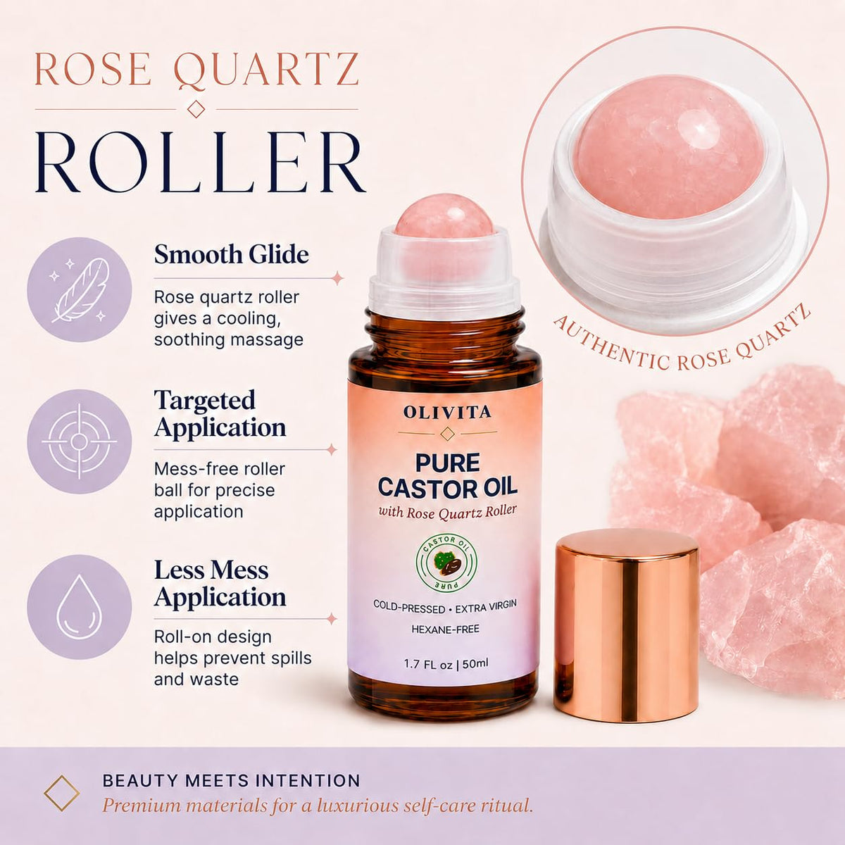 OLIVITA Castor Oil Rose Quartz Roller Ball for Face Brows - OLIVITA Official Imagery - 7