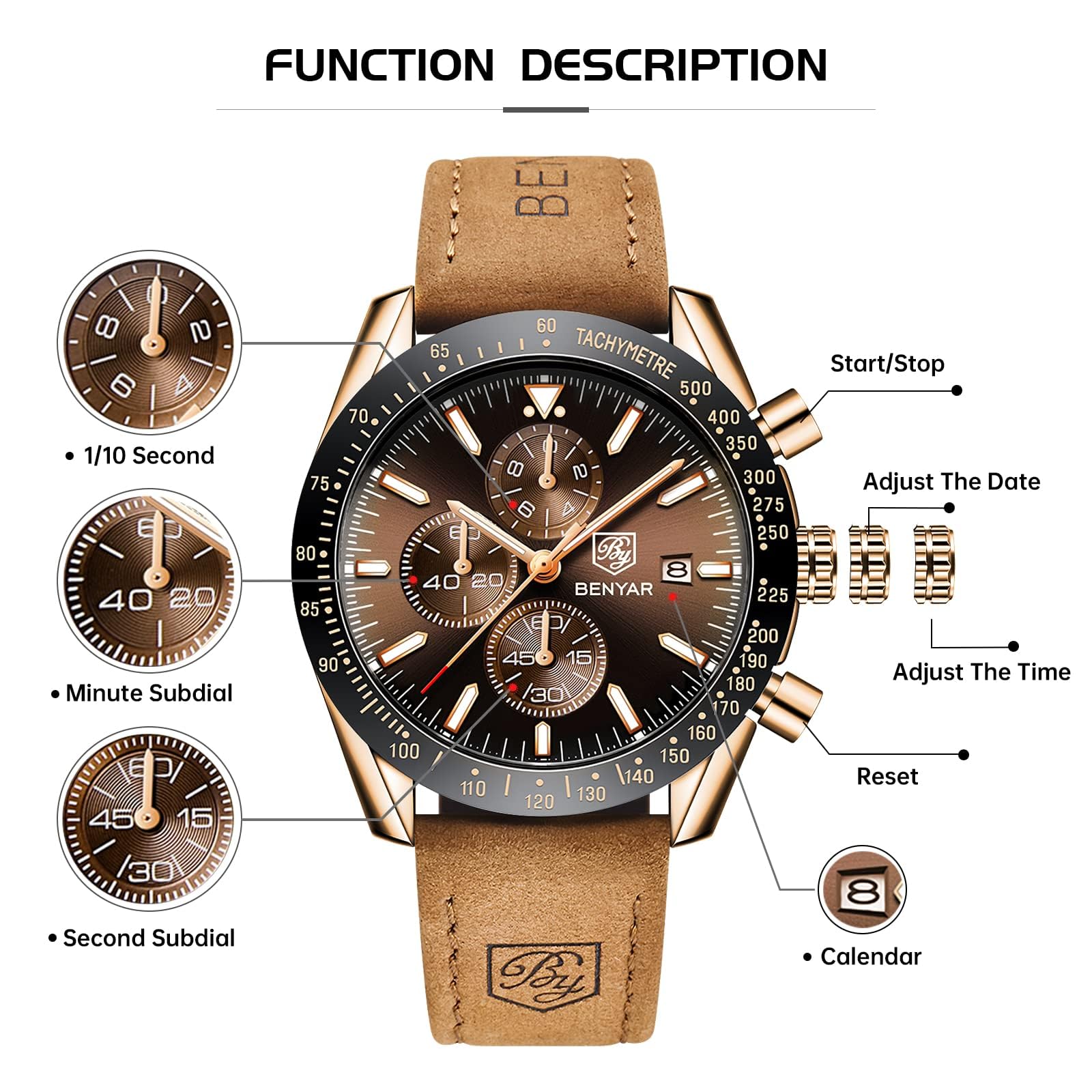 BENYAR Watch for Men Analog Quartz Chronograph Waterproof Luminous Des - View 7