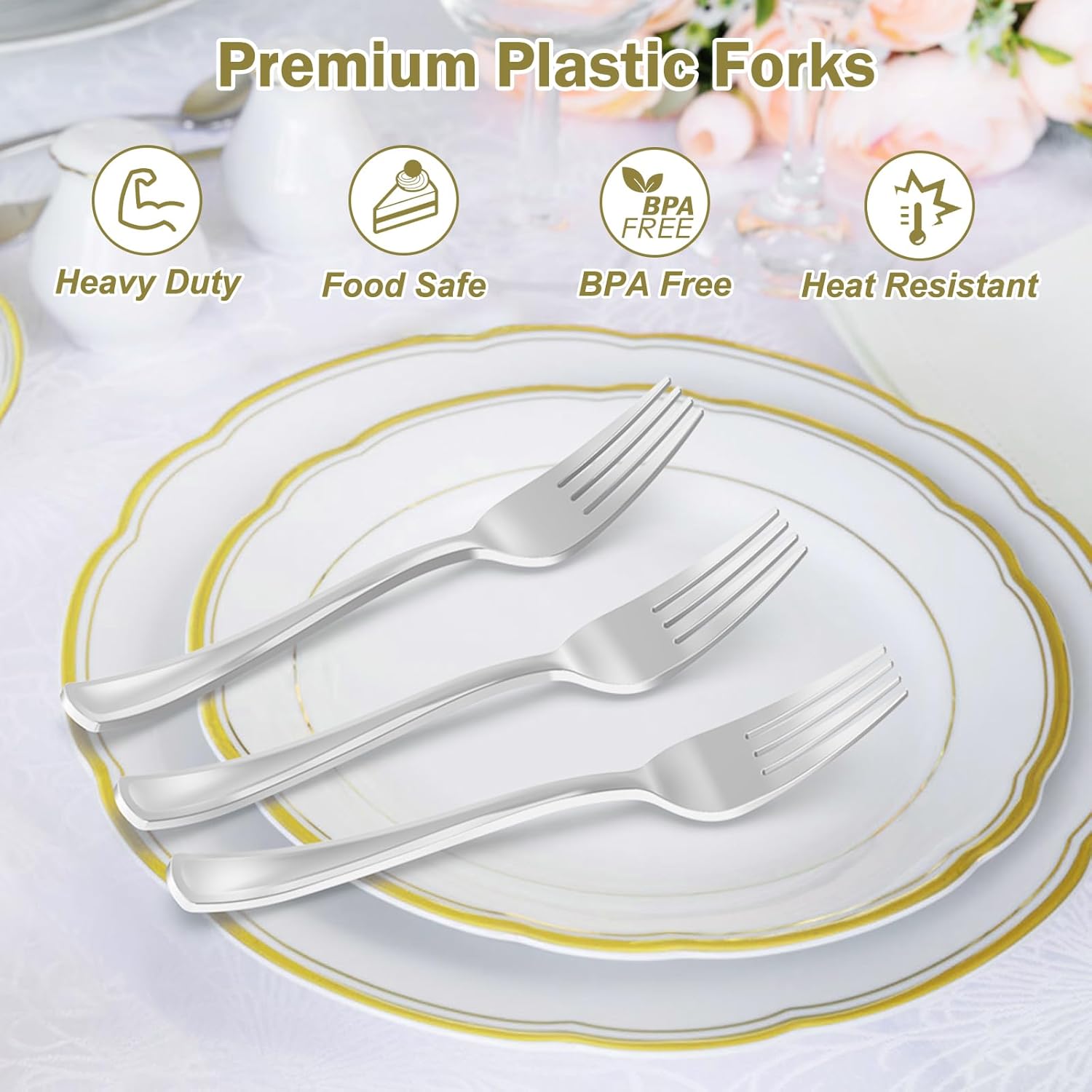 Set of 100 Dealusy heavy-duty silver plastic forks, BPA-free disposable utensils, suitable for hot foods and outdoor use