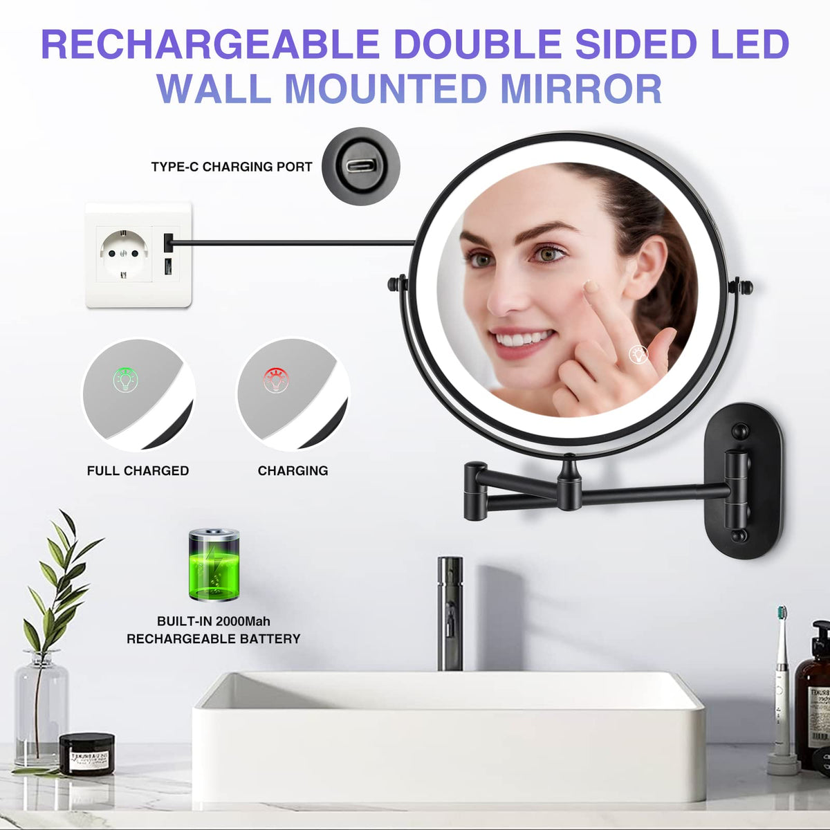 Rechargeable Wall Mounted Makeup Mirror 8 5 inch Double - VORREMIRR Official Imagery - 5