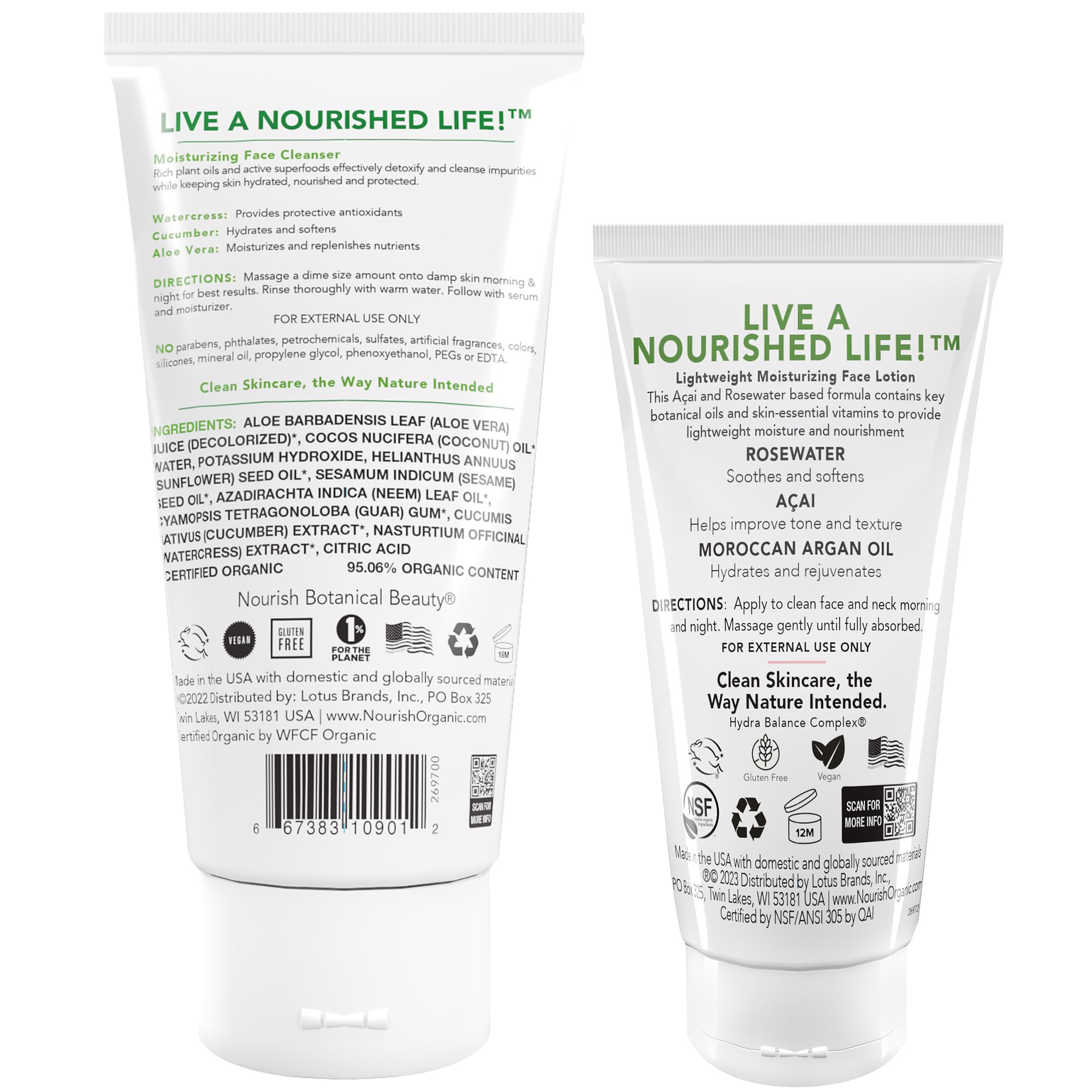 Nourish Organic Face Cleanser + Face Lotion Set – Lightweight, - Nourish Organic