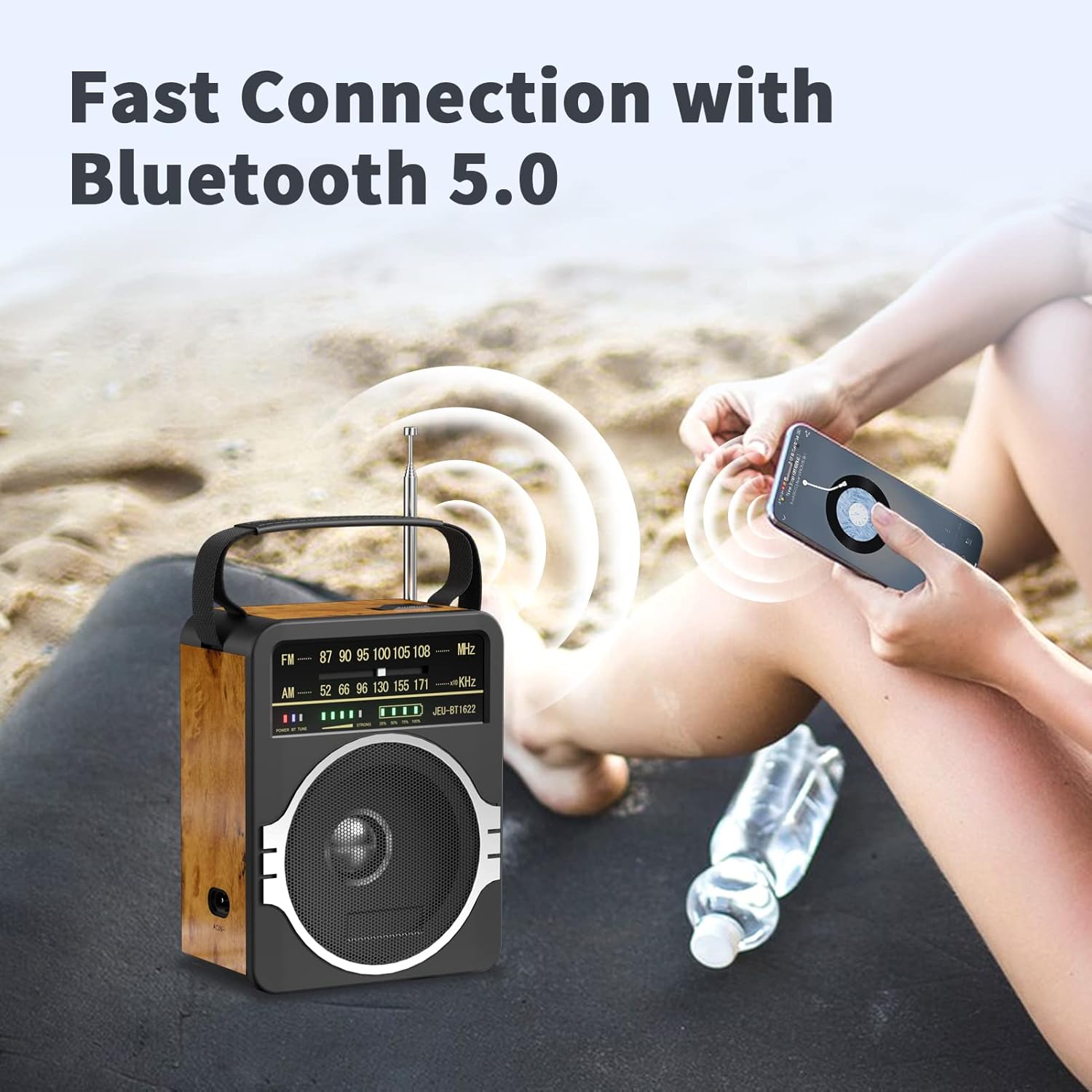 Portable JEUJUG AM FM radio with Bluetooth 5.0, 5W loud speaker, built-in rechargeable battery, compact radio device