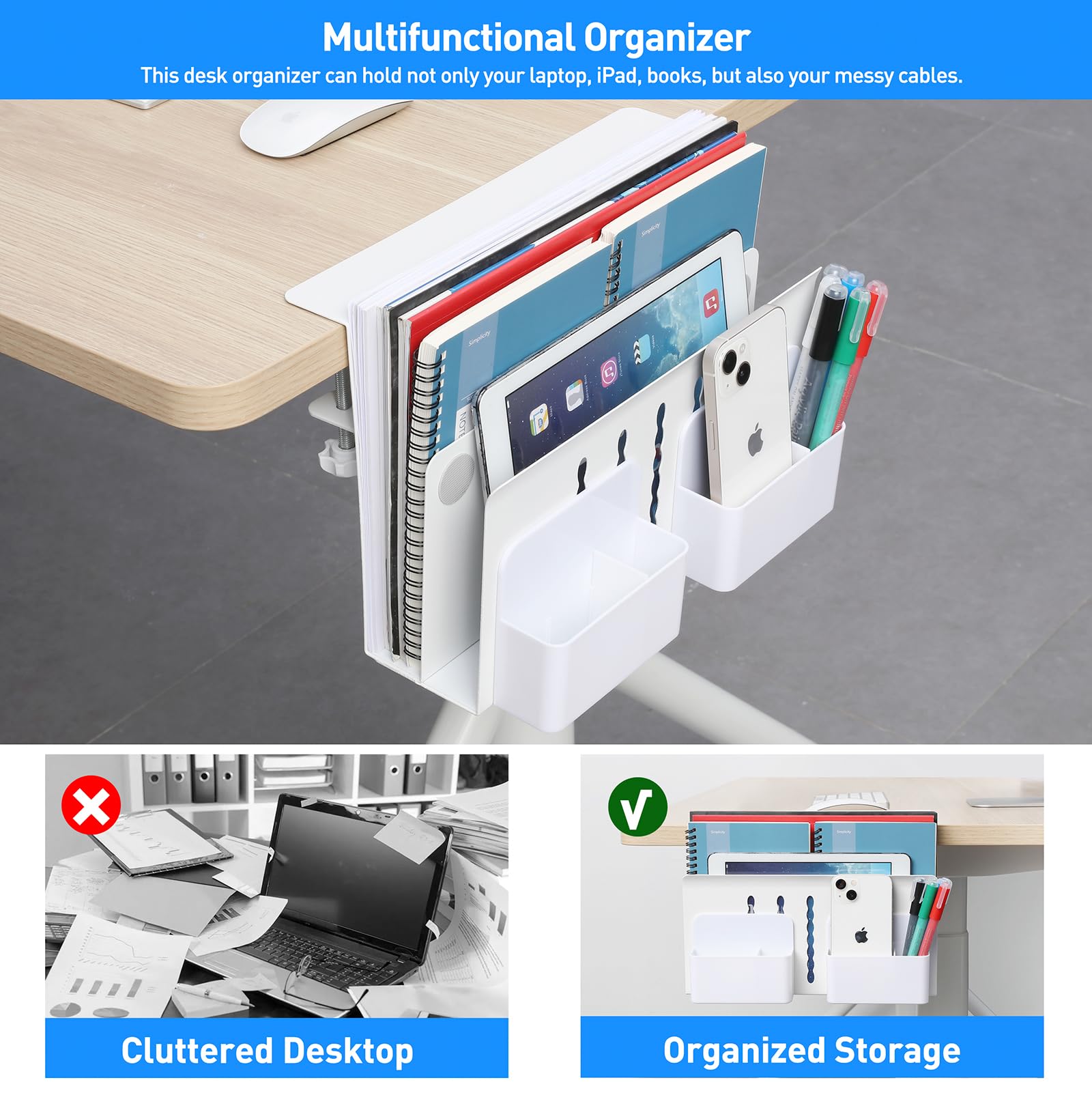 MAXECHO Desk Side Storage, Under Desk Laptop Mount, Table Side Hanging File Organizer, No Drill Clamp On Cable Management Tray, Laptop Holder with Magnetic Pen Holder for Office and Home, Load 22 Lbs