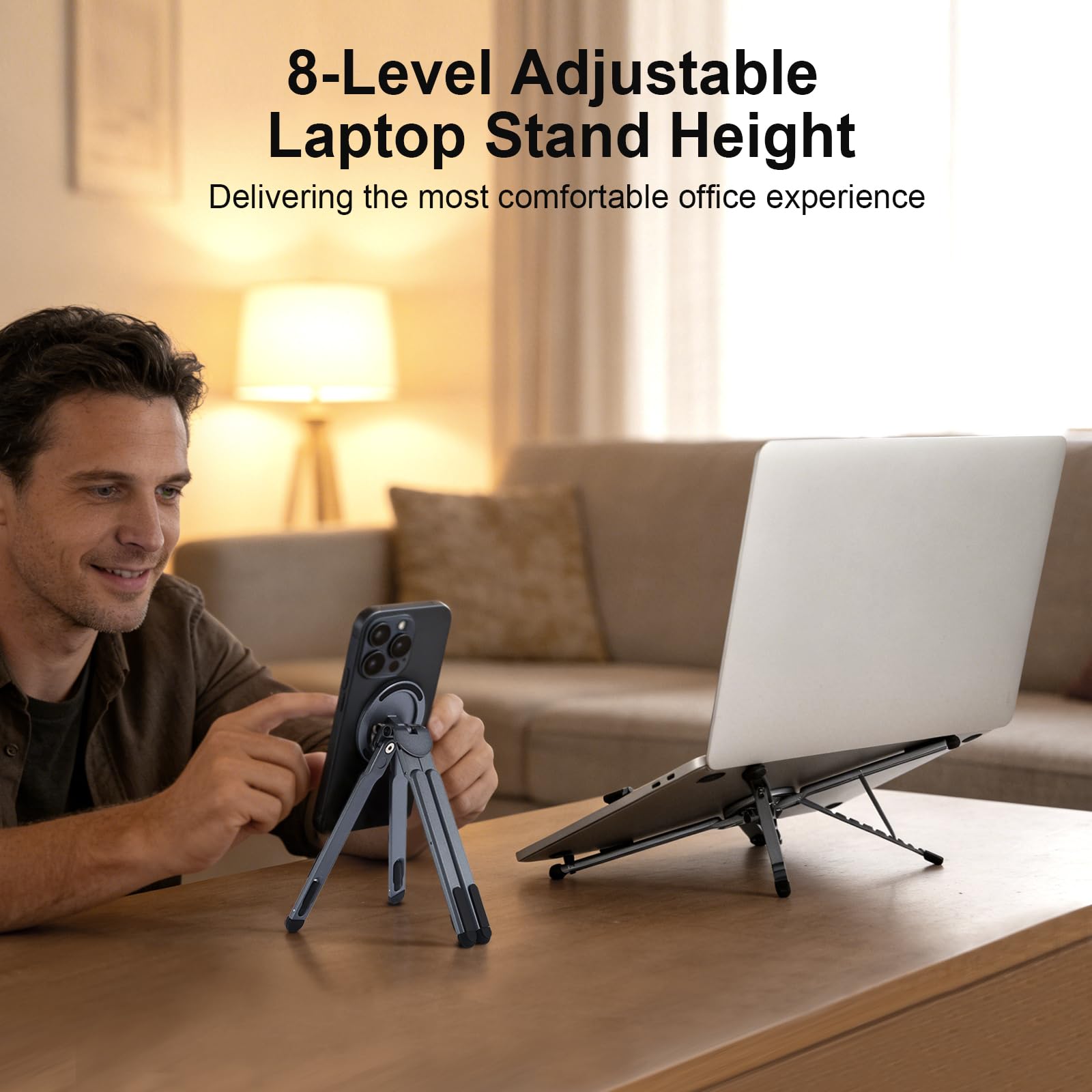 Kosoko 3-in-1 foldable magnetic phone tripod stand with adjustable aluminum holder for tablets, laptops, and smartphones including MagSafe iPhone.