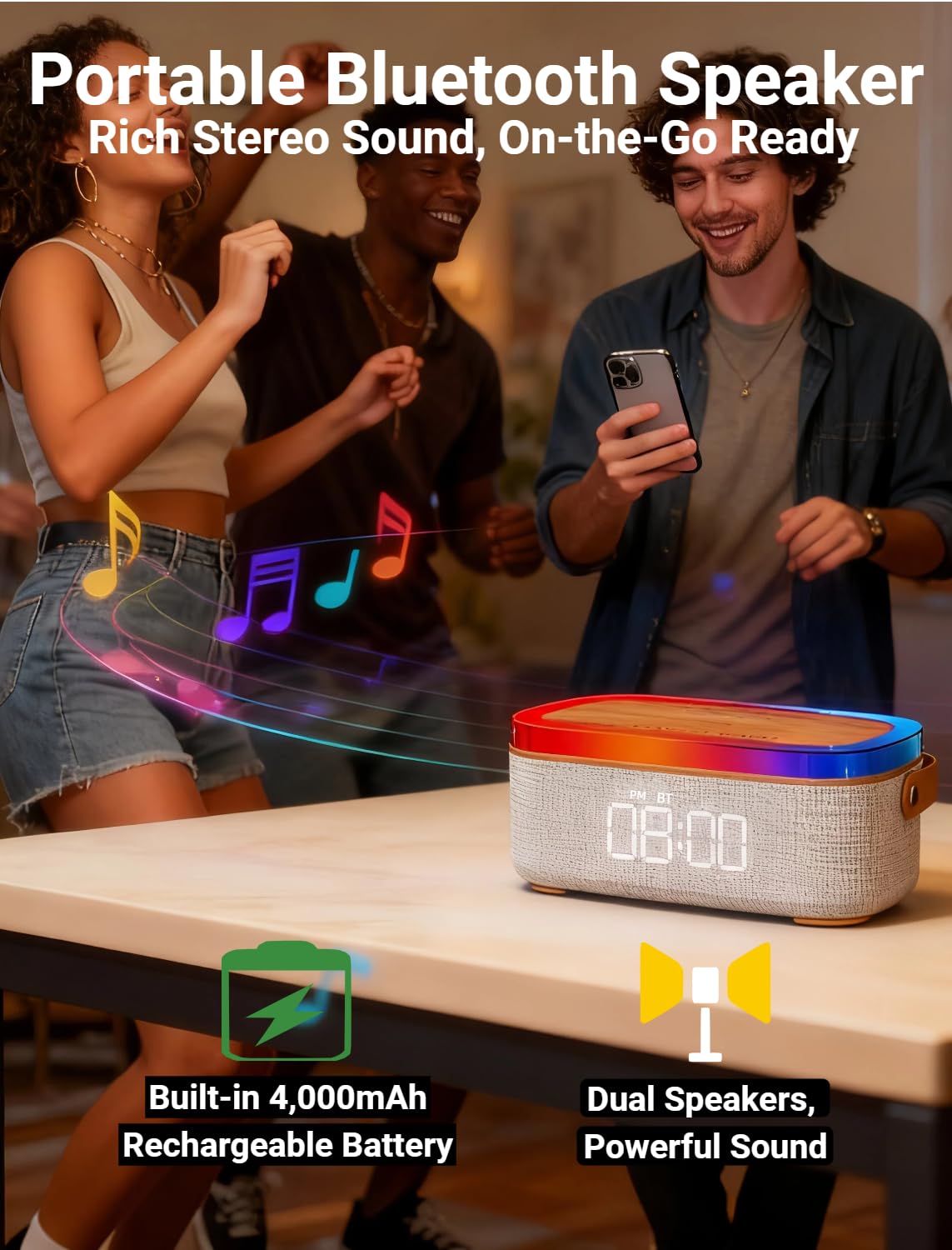 4 in 1 Alarm Clock Bedrooms for Heavy Sleeper Bluetooth - PLUWEL Official Imagery - 6
