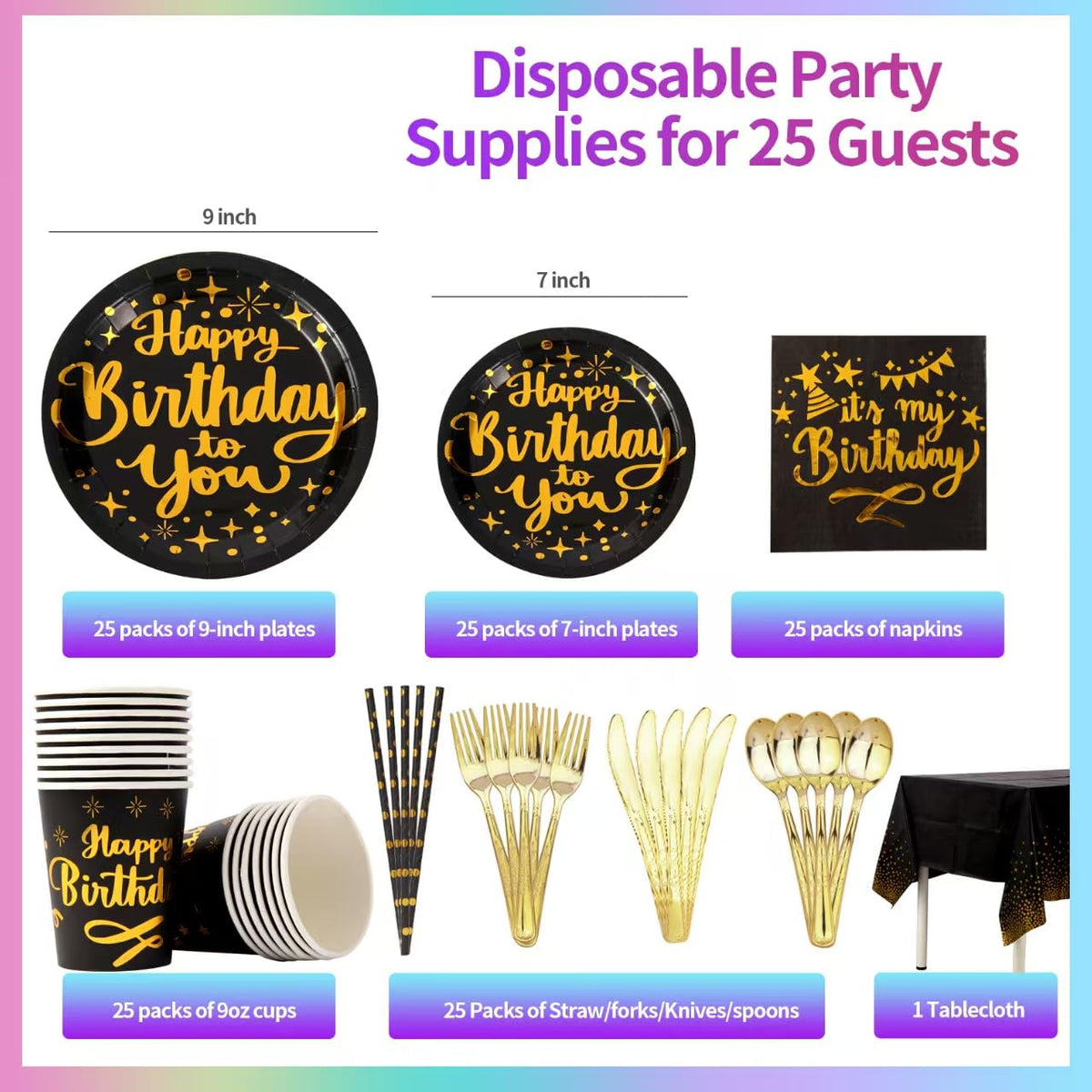 201 Pieces Birthday Plate Set Birthday Decorations Includes - Zyzyphor Official Imagery - 4