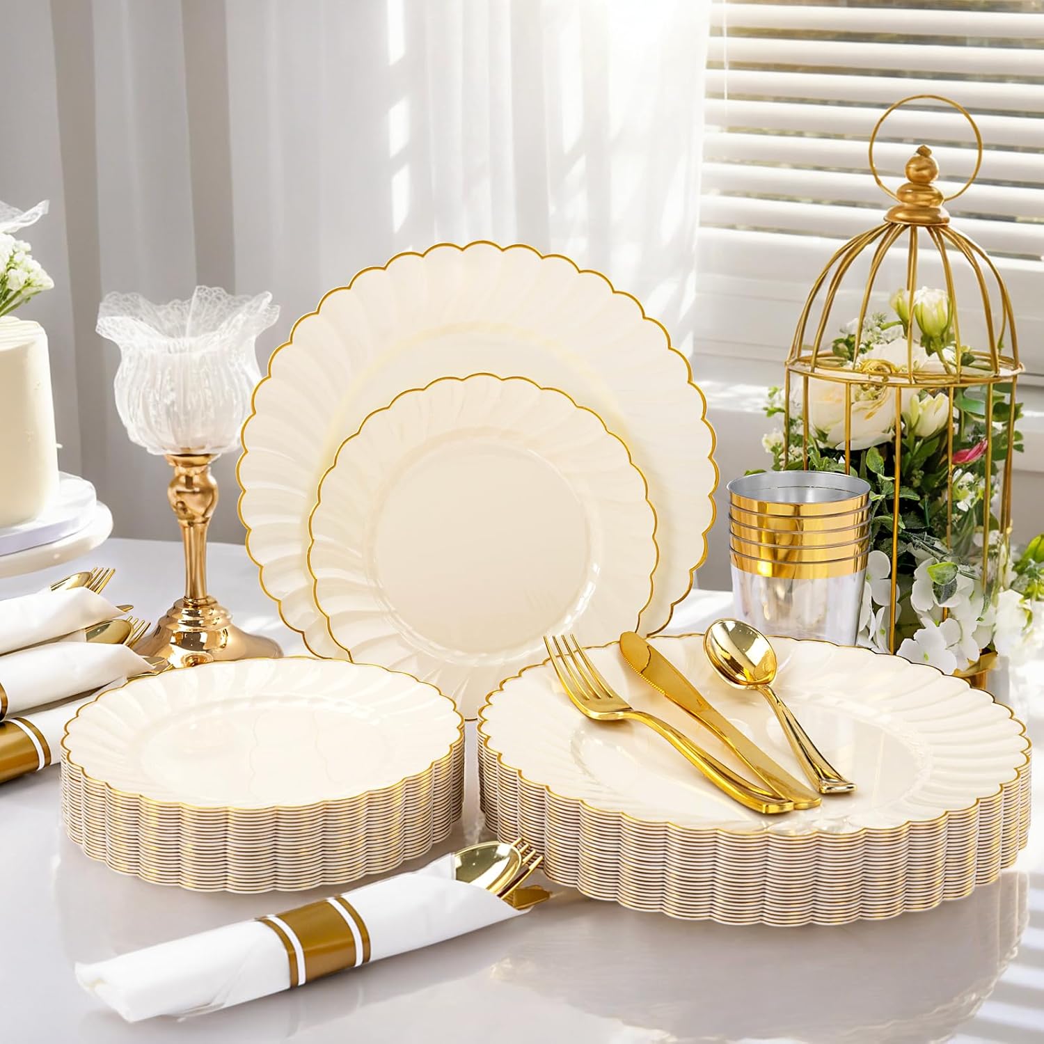 Set of 71 ivory scalloped plastic plates with gold accents by YOUBET, perfect for elegant disposable tableware.