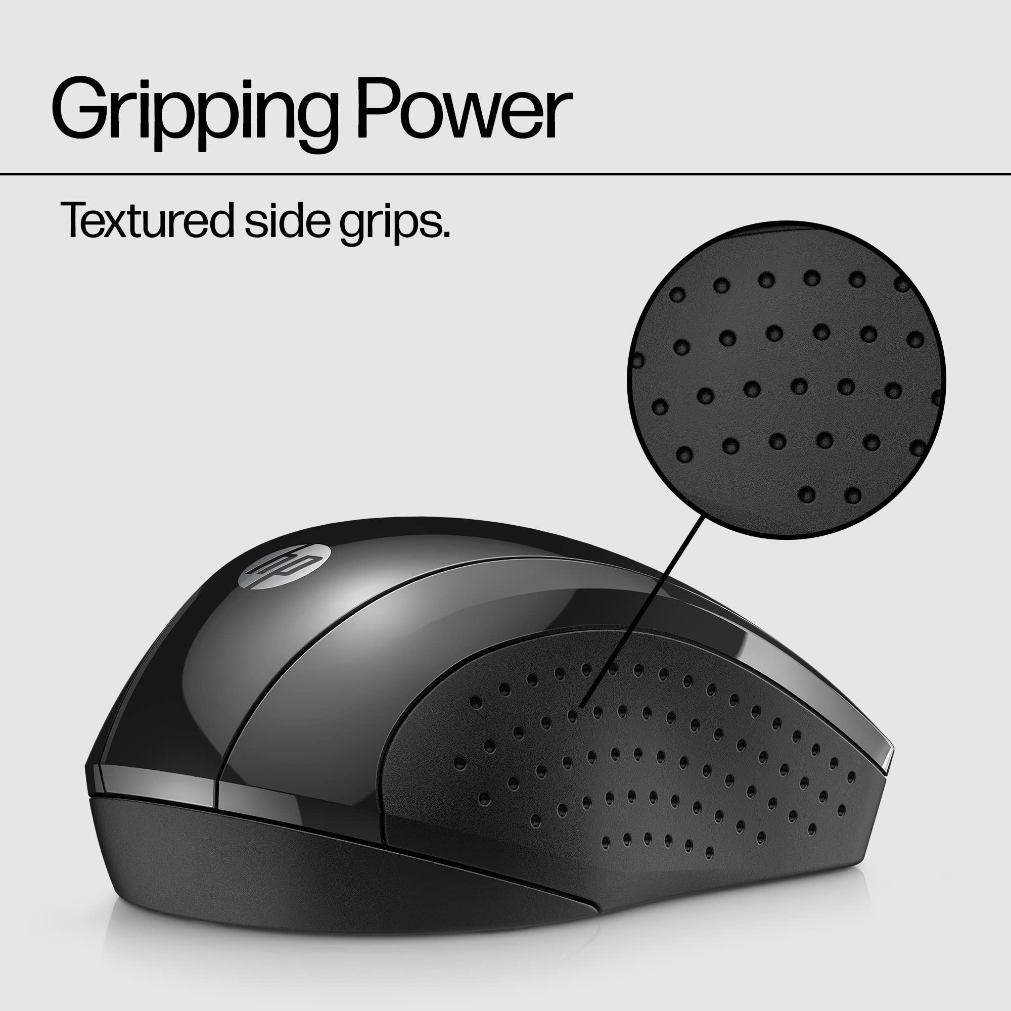 HP X3000 G3 wireless mouse in black with blue LED, 1600 DPI optical sensor, side grips, travel-friendly design, compatible with PC, Mac, Chromebook