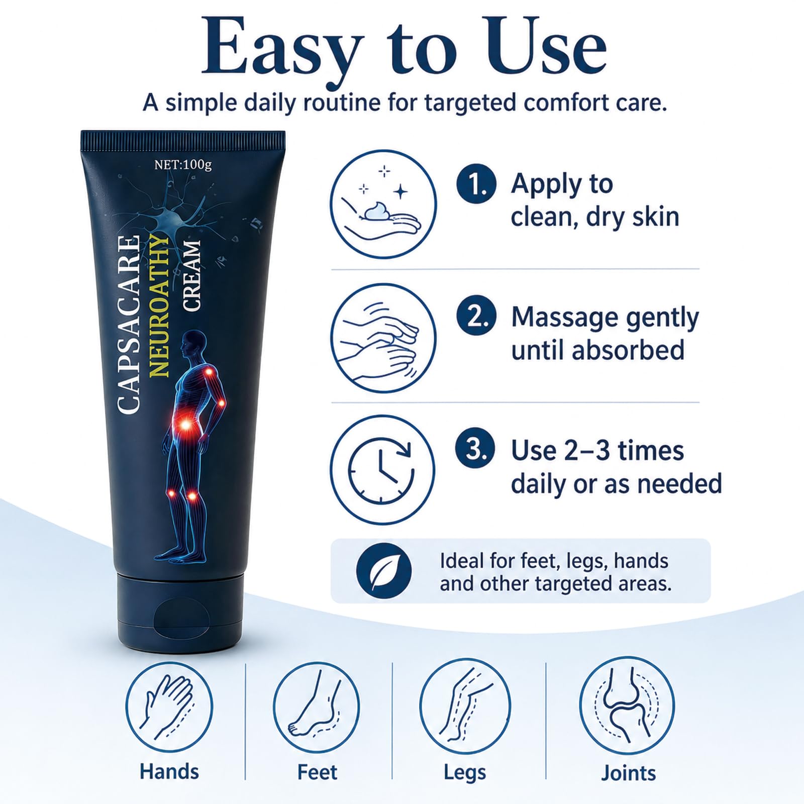 Capsacare Neuropathy Relief Cream with capsaicin and arnica in a 100g tube, designed for pain relief with natural ingredients.