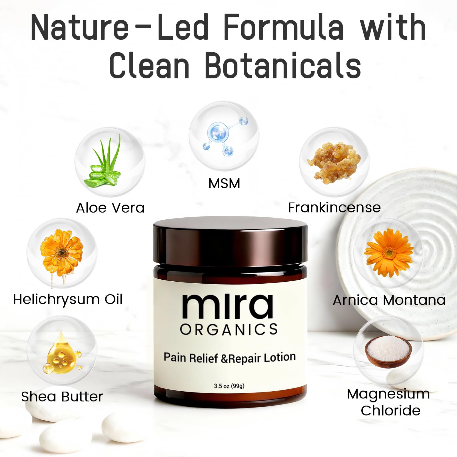 Dermasophia Mira Relief & Repair Lotion magnesium muscle cream for muscle and joint relief, shown in a tube.