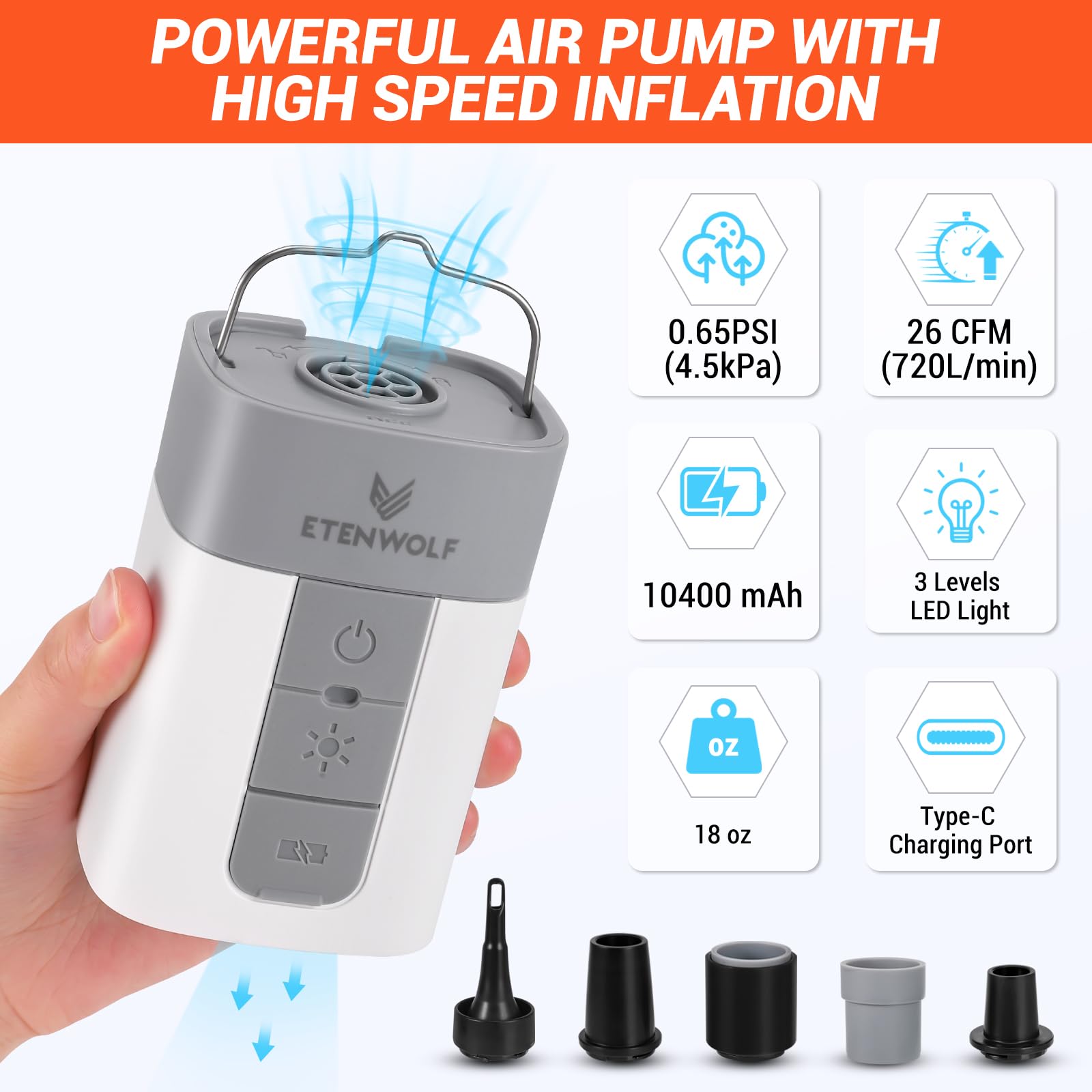 ETENWOLF Air Pump for Inflatables with 10400 mAh Battery & Camping Lig - View 2