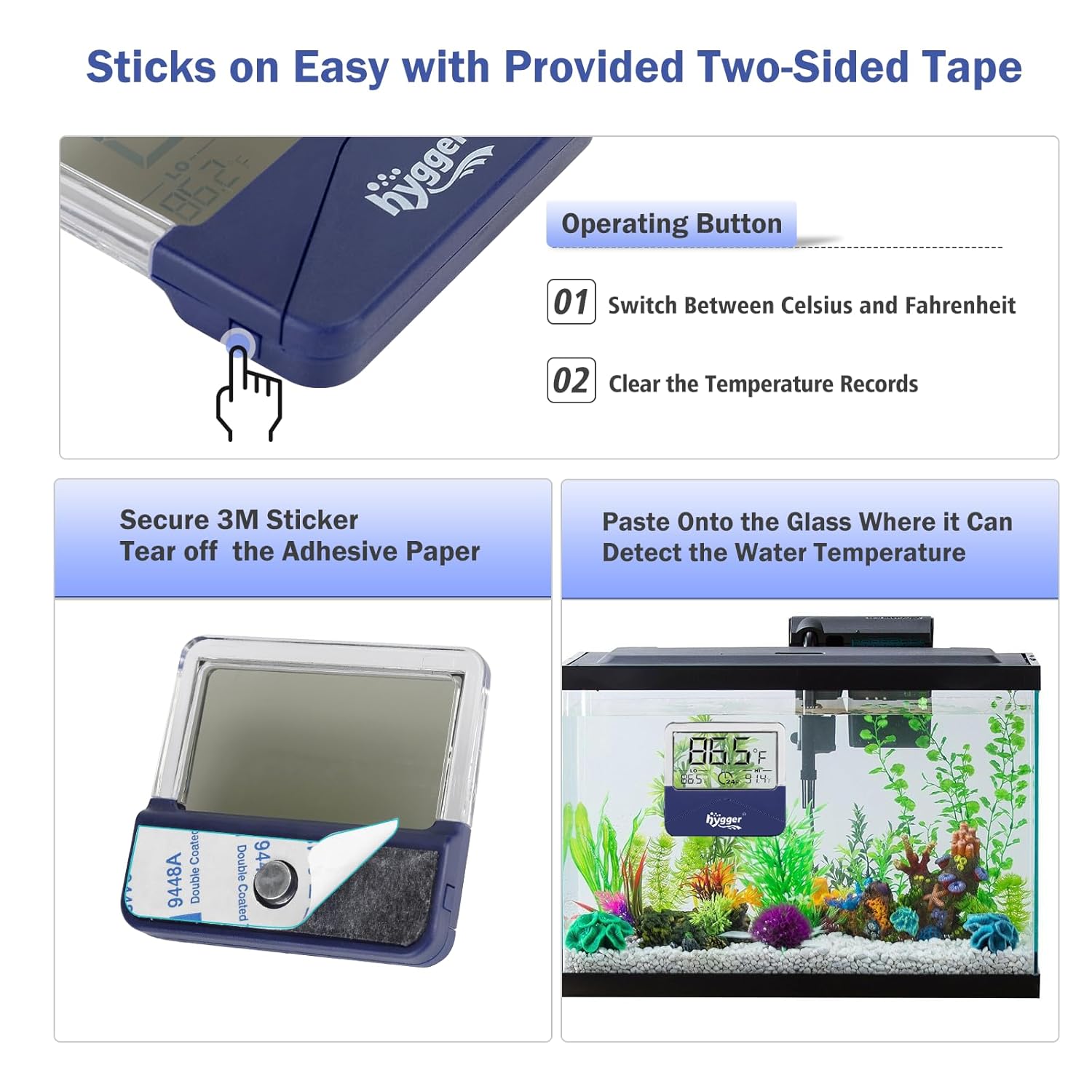 hygger digital aquarium thermometer displaying max and min water temperature readings on a clear screen with control buttons