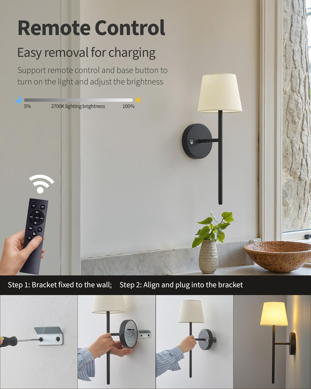 Battery Operated Wall Sconce Set of 2 Black Rechargeable - NEWSEE Official Imagery - 5