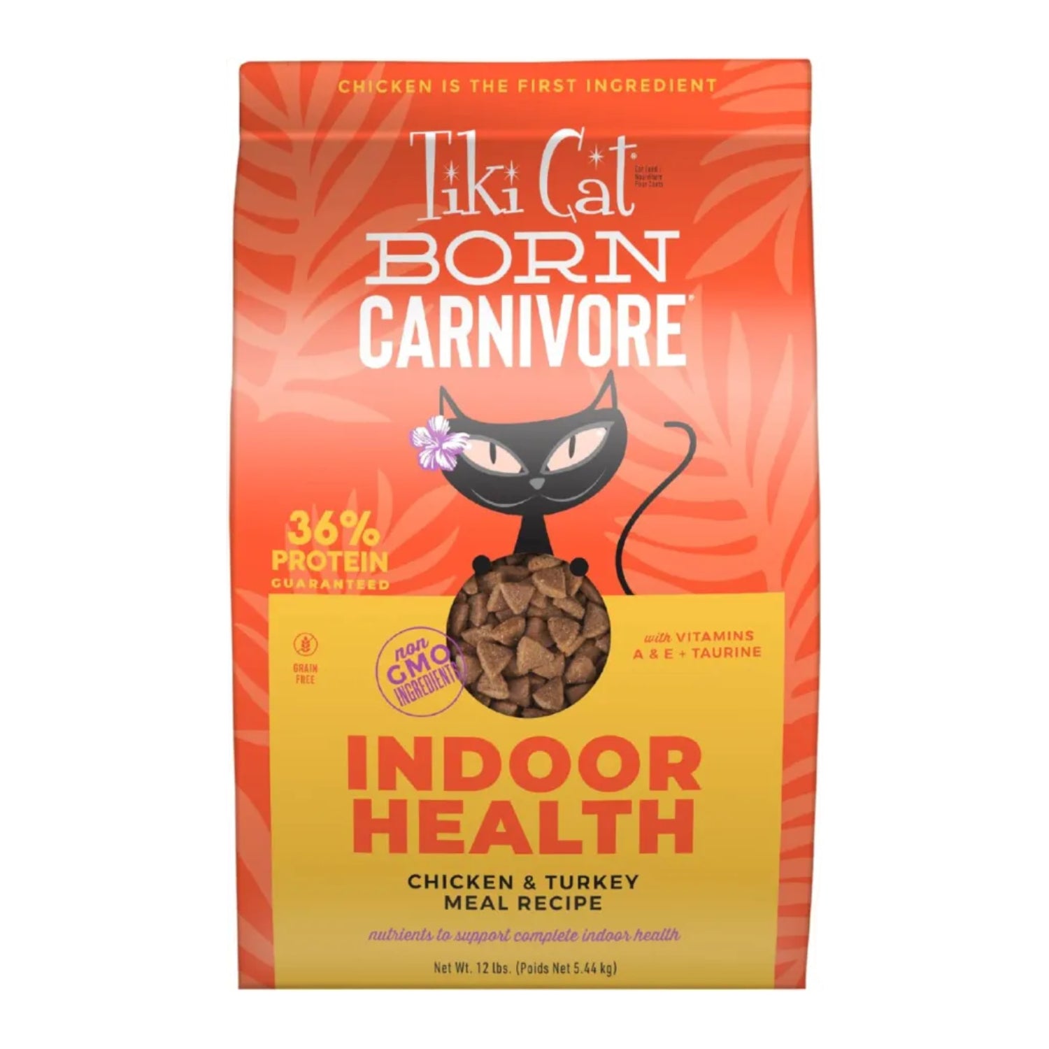 Tiki Cat Born Carnivore indoor dry cat food bag with chicken and turkey meal, 12 lbs, from TIKI PETS.