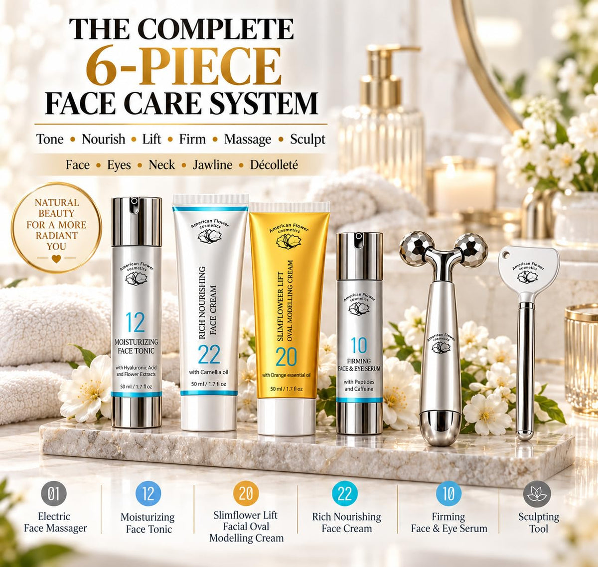 6 Piece Anti Aging Skincare Set Firming Face Care Gift Set - AMERICAN FLOWER COSMETICS Official Imagery - 3