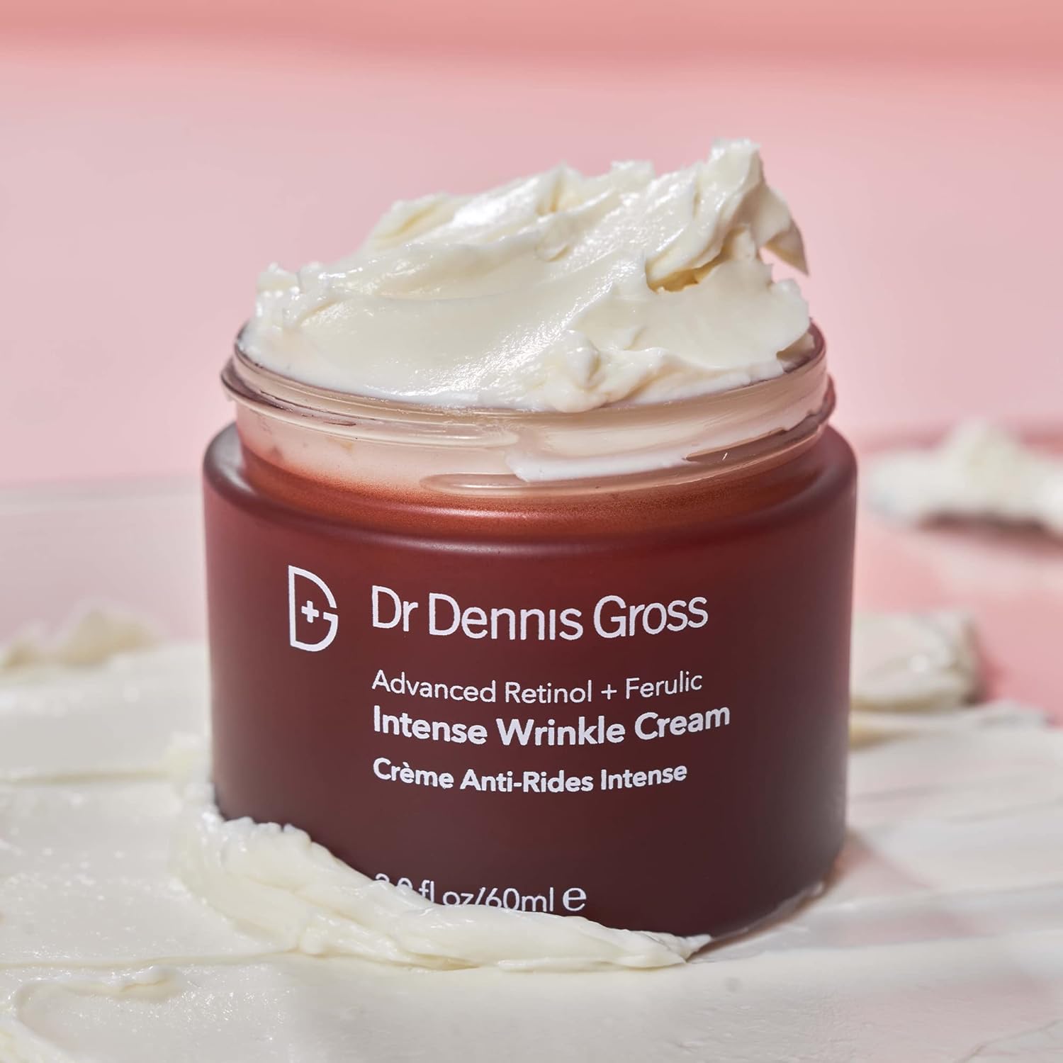 Dr Dennis Gross Advanced Retinol and Ferulic Wrinkle Cream jar with hydrating formula, displayed on a neutral background.