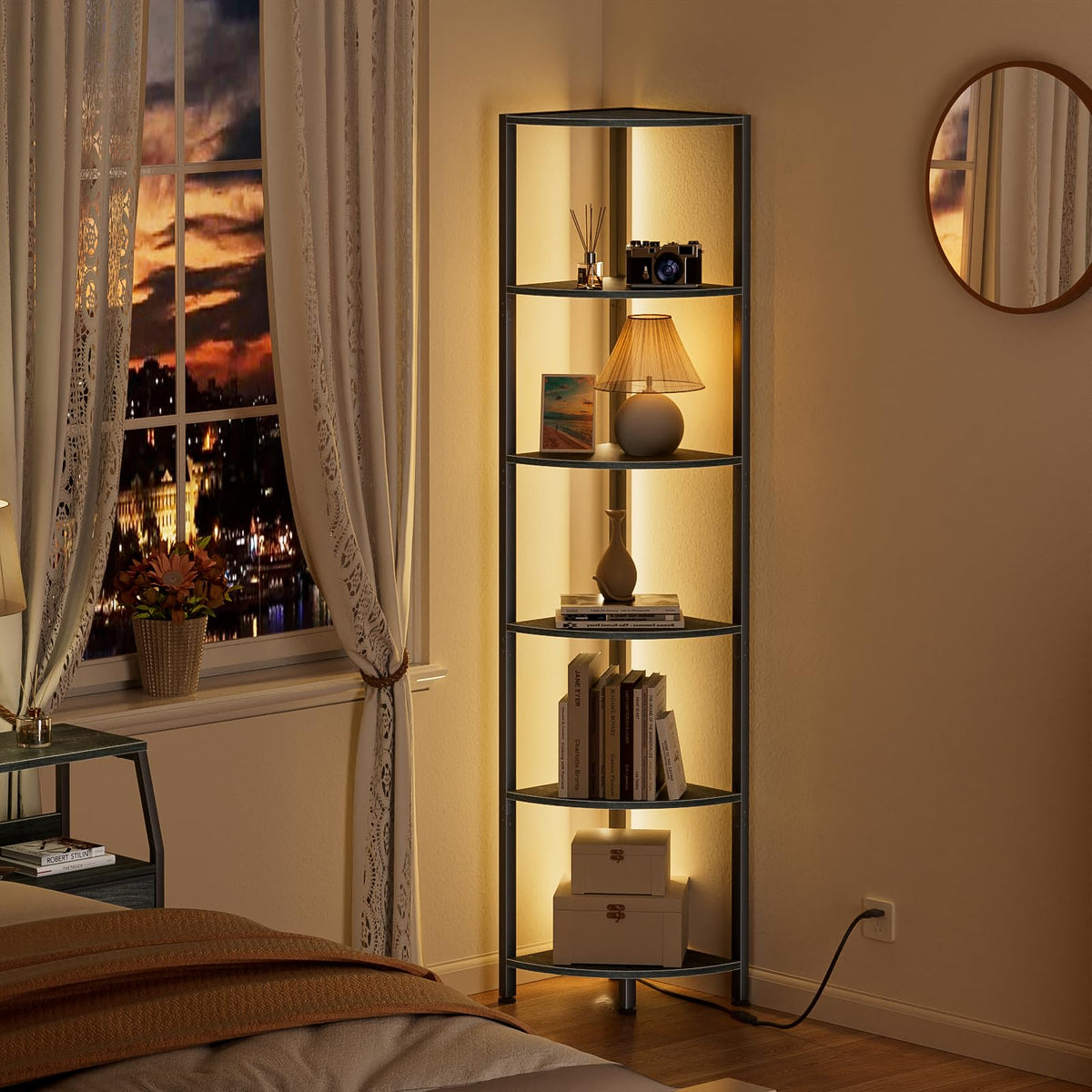 6 Tier Corner Shelf with LED Light 67 5 Black Narrow - Furnulem Official Imagery - 4