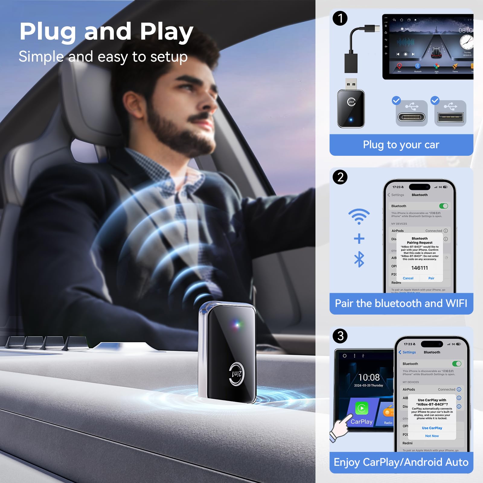 CZOCPOS Wireless Carplay Adapter for iPhone, 2 in 1 Plug and Play by CZOCPOS - Angle View 2