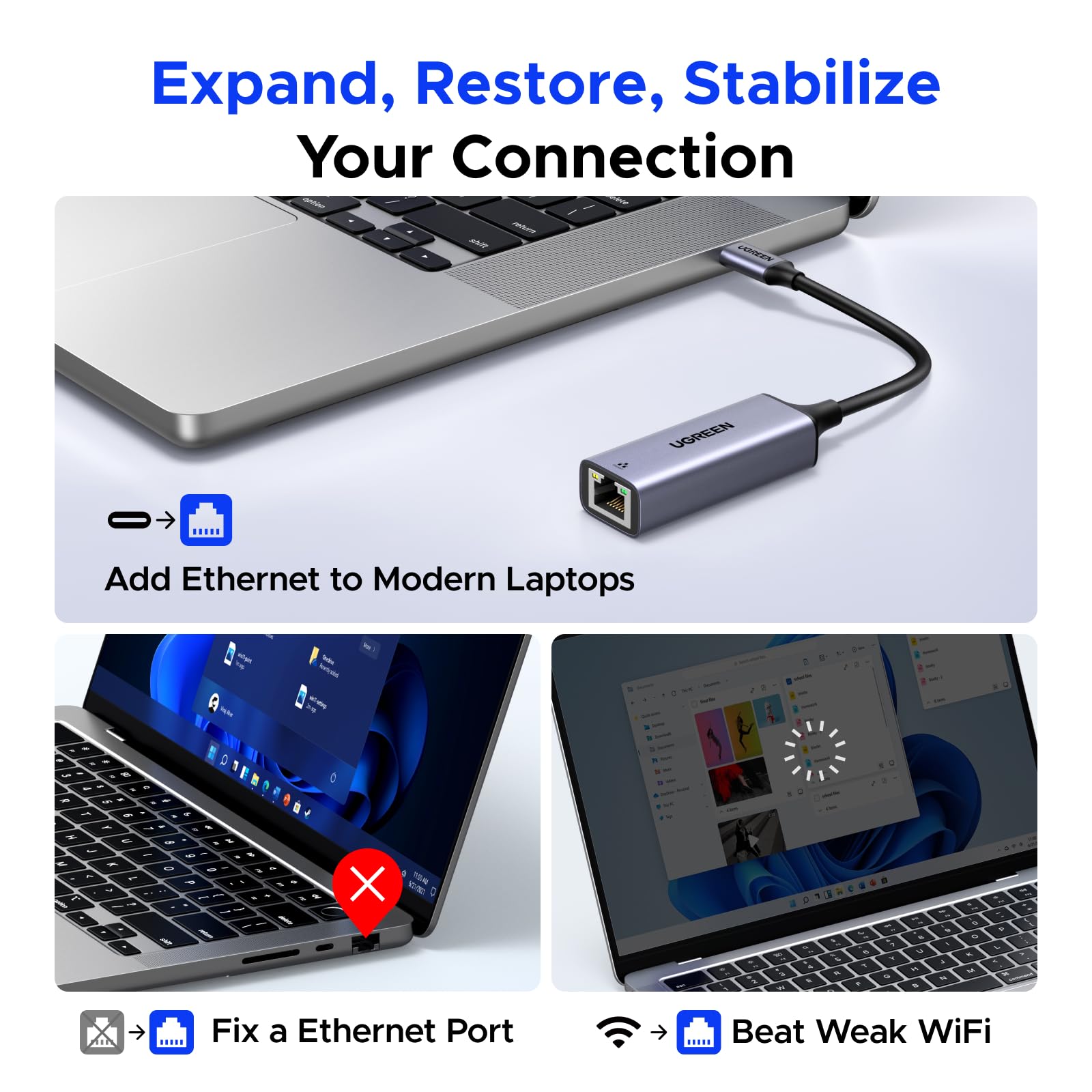 UGREEN USB C to Ethernet adapter with aluminum casing, 1Gbps network interface controller for fast wired internet connection