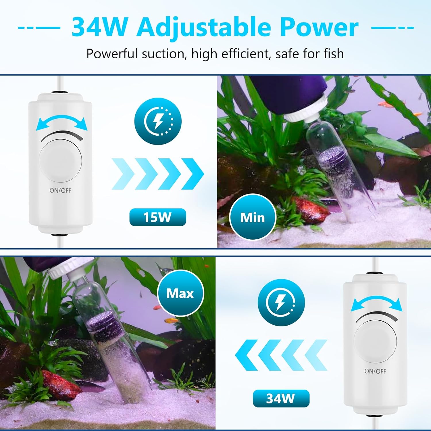 AQQA DC Fish Tank Cleaner electric aquarium water changer with 6-in-1 cleaning functions, shown on a clear background.