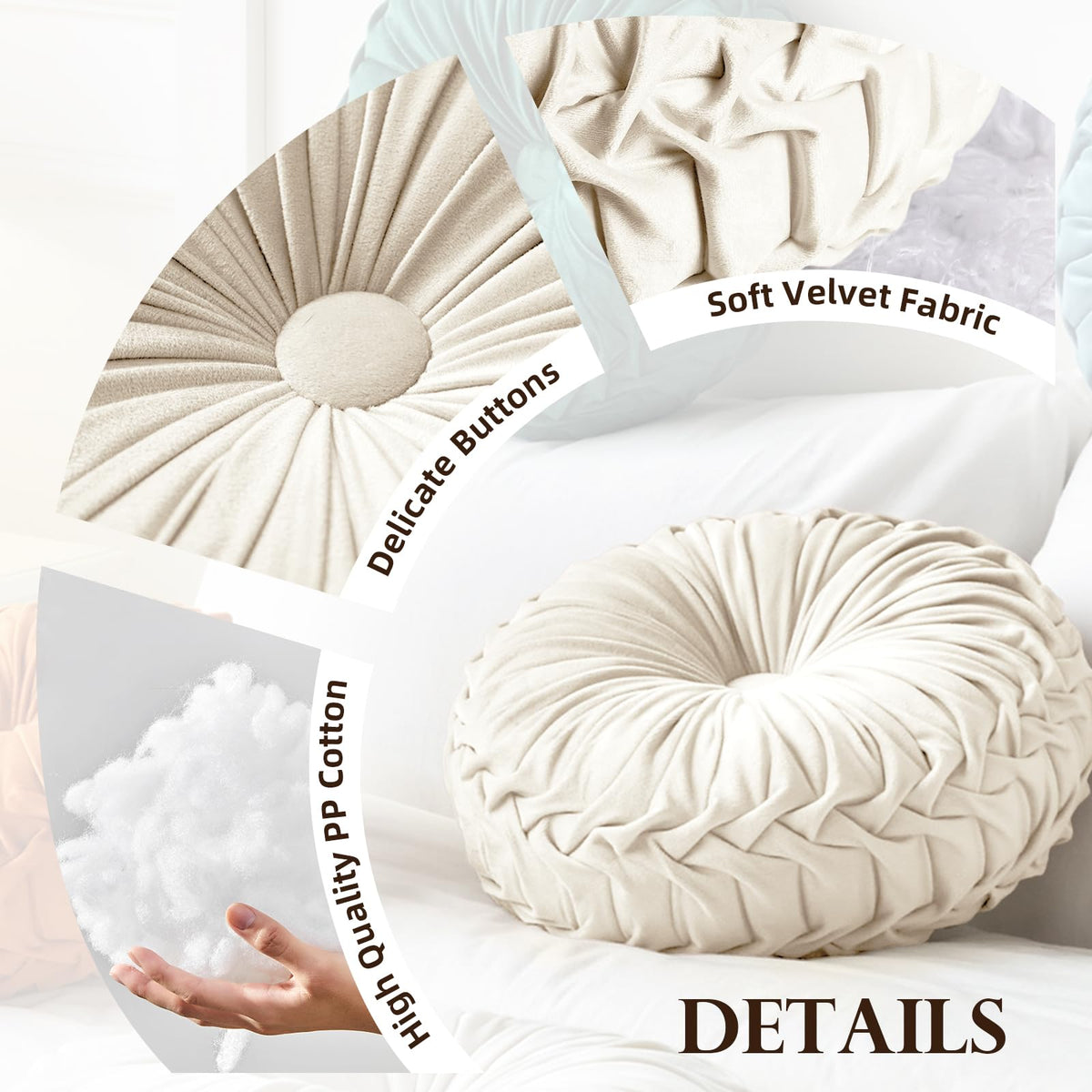 Teieas 2 Pcs Round Throw Pillows Decorative Velvet Pleated - Teieas Official Imagery - 7