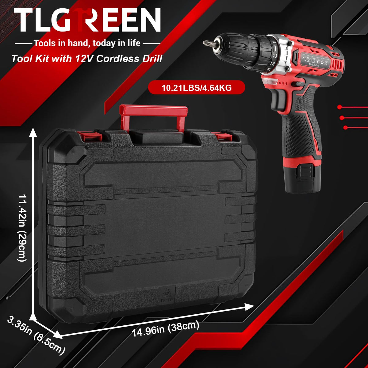 TLGREEN 138 Piece Red Tool Kit 12V Cordless Drill for Home - TLGREEN Official Imagery - 3