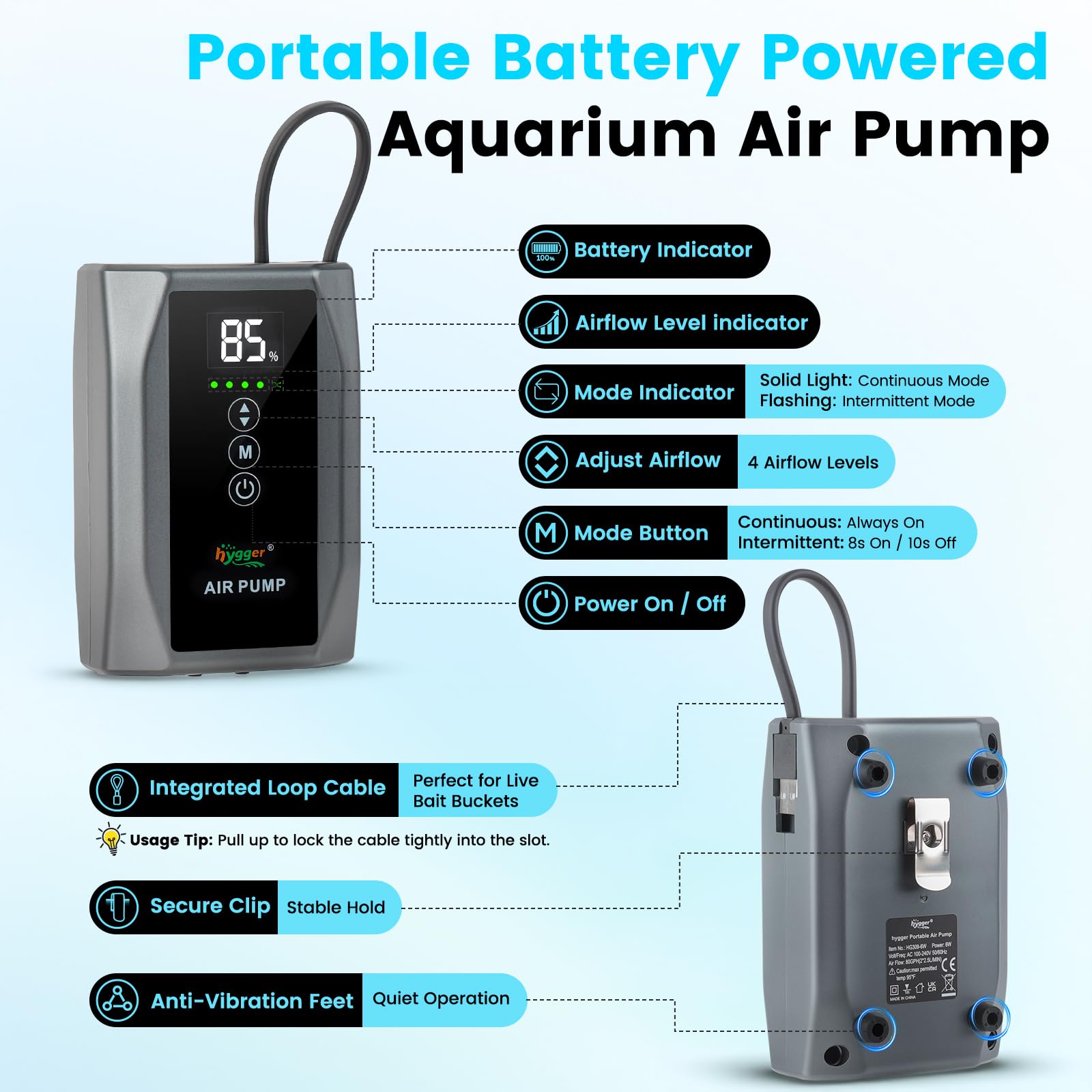 hygger Battery Powered Aquarium Air Pump up to 150 Gal with Digit - hygger Official Product View 2
