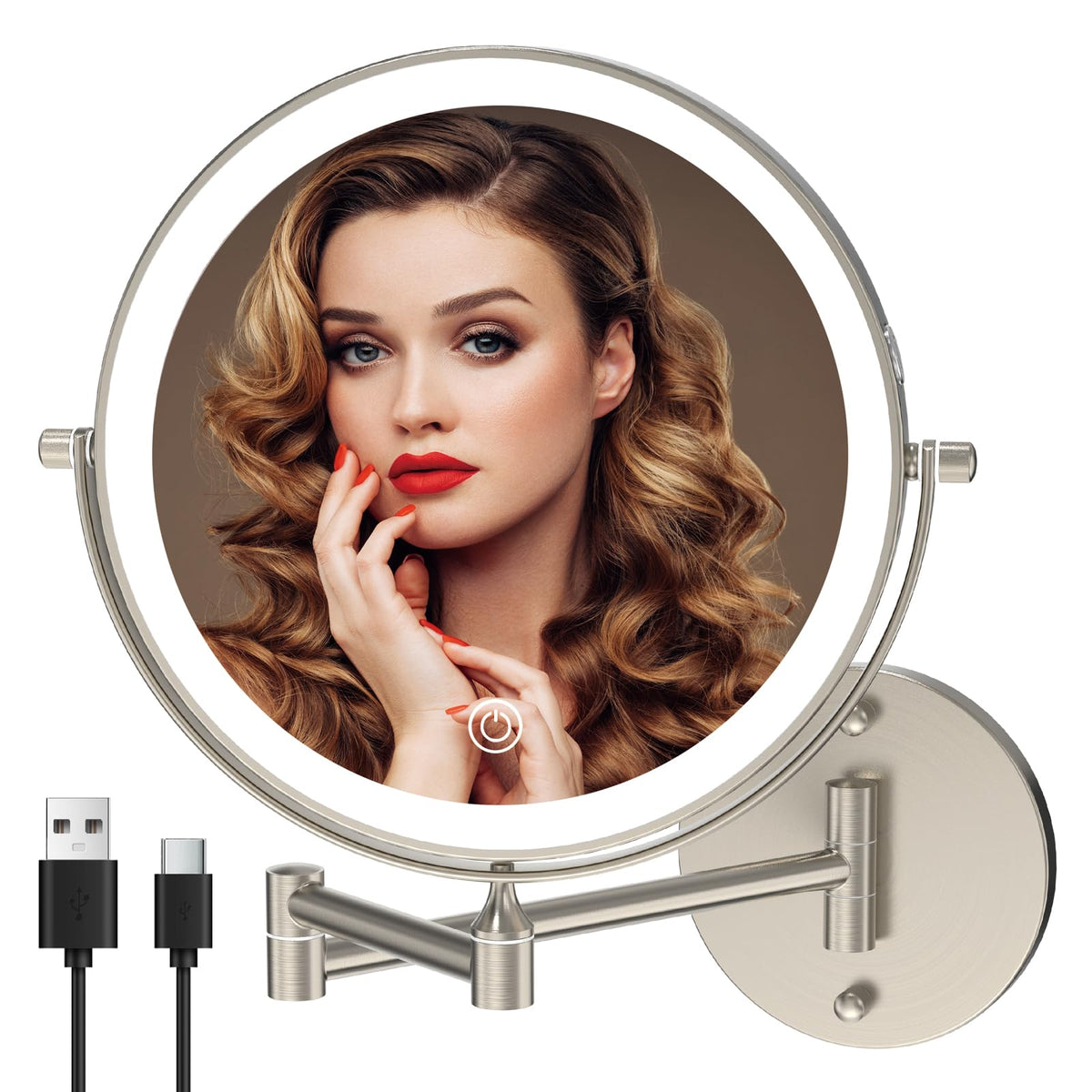 8 Wall Mounted Lighted Makeup Mirror 1X 10X Brushed Nickel - MIROAMZ Official Imagery - 2
