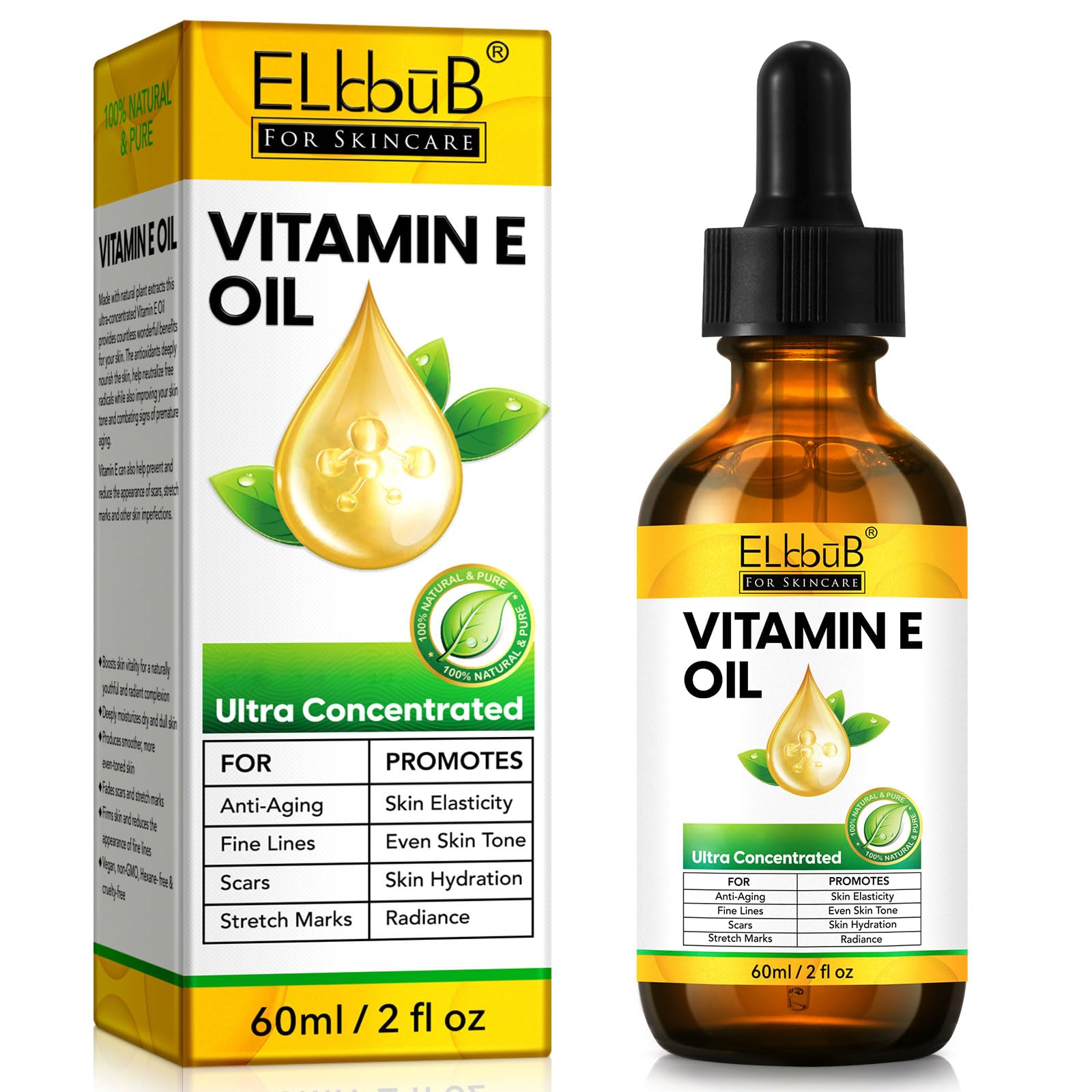ELBBUB Premium Vitamin E Oil - Ultra Concentrated - Moisturizes, - Product Imagery