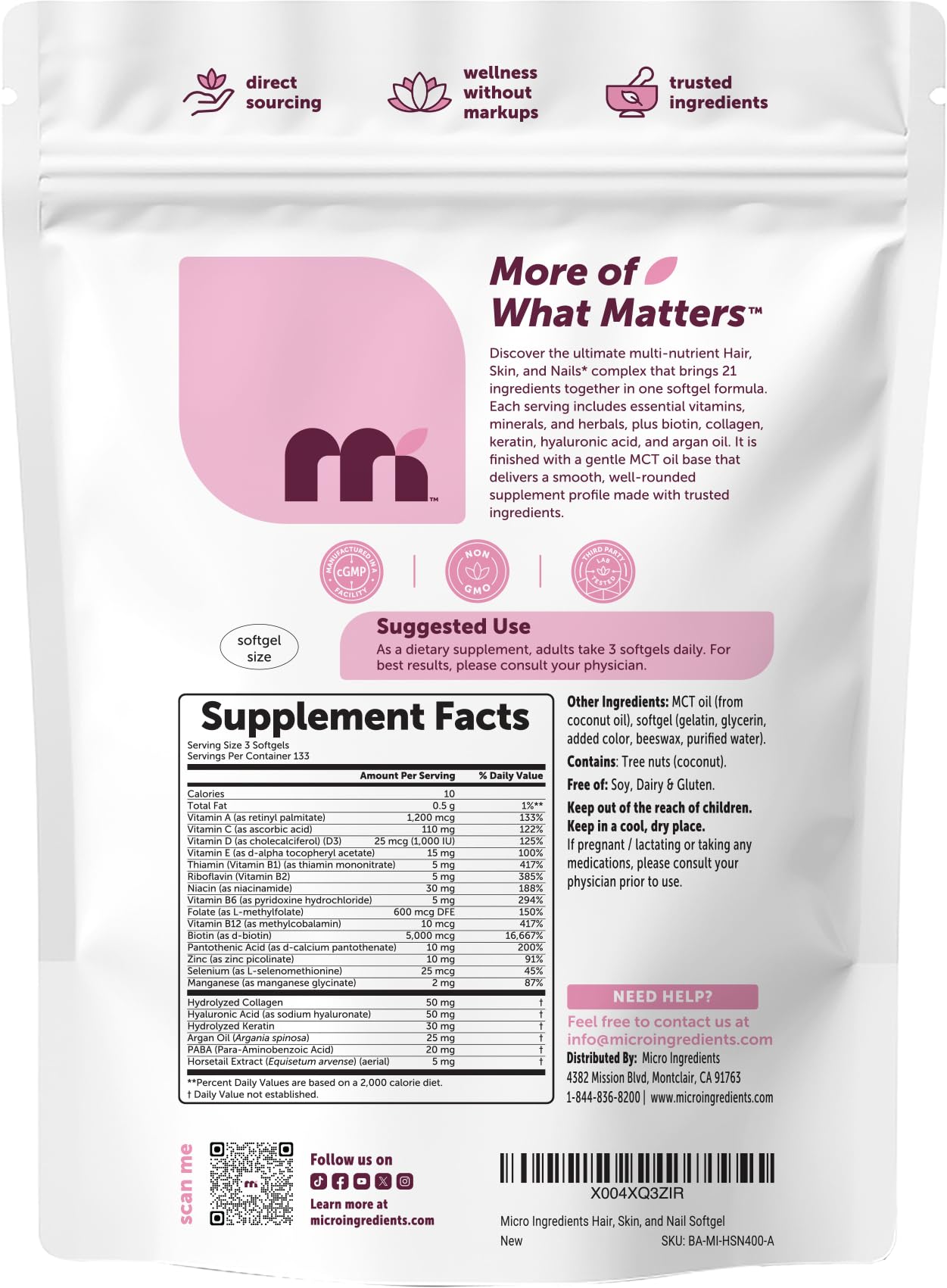 Hair Skin and Nails Vitamins for Women Men 400 Softgels 133 - Micro Ingredients Official Imagery - 8