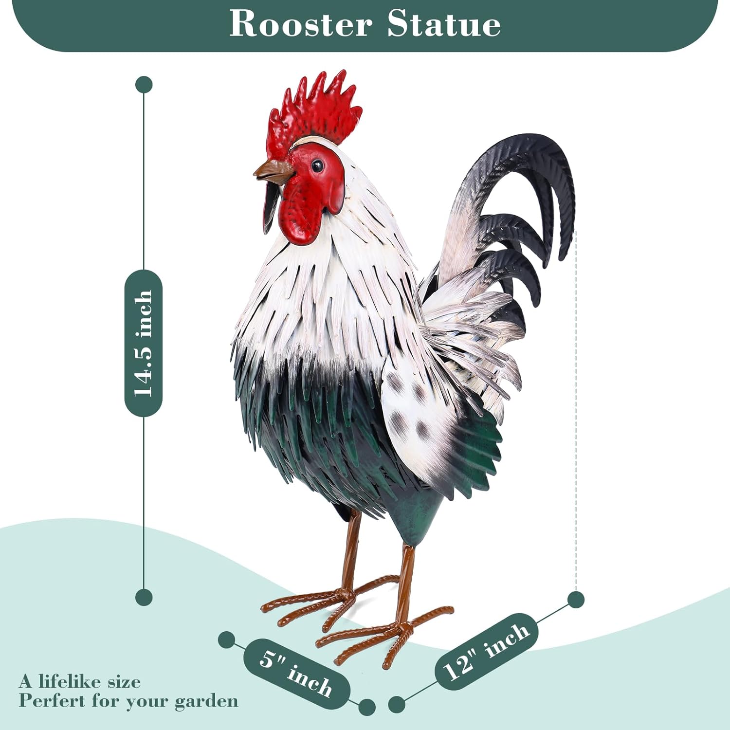 Ratuor metal rooster garden statue sculpture outdoor yard decor, decorative chicken figurine for patio or backyard.